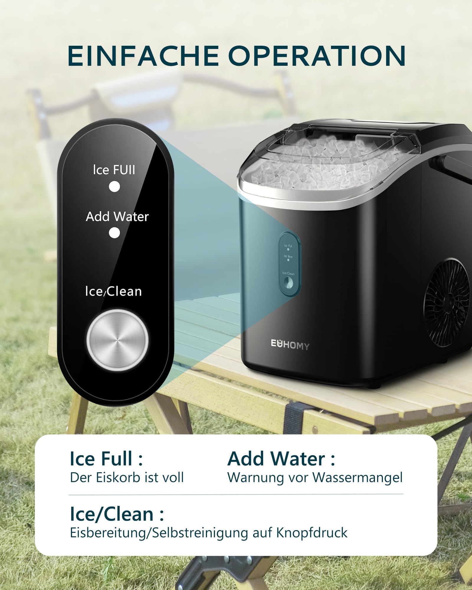 Eiswürfelmaschine Klein, 9 Eiswürfel in 6 Minuten, 12 kg/24H, Eiswürfelmaschine Edelstahl mit Tragbarem Griff, Selbstreinigender Kompakter Eiswürfelmaschinen für Zuhause/Küche/Büro/Bar