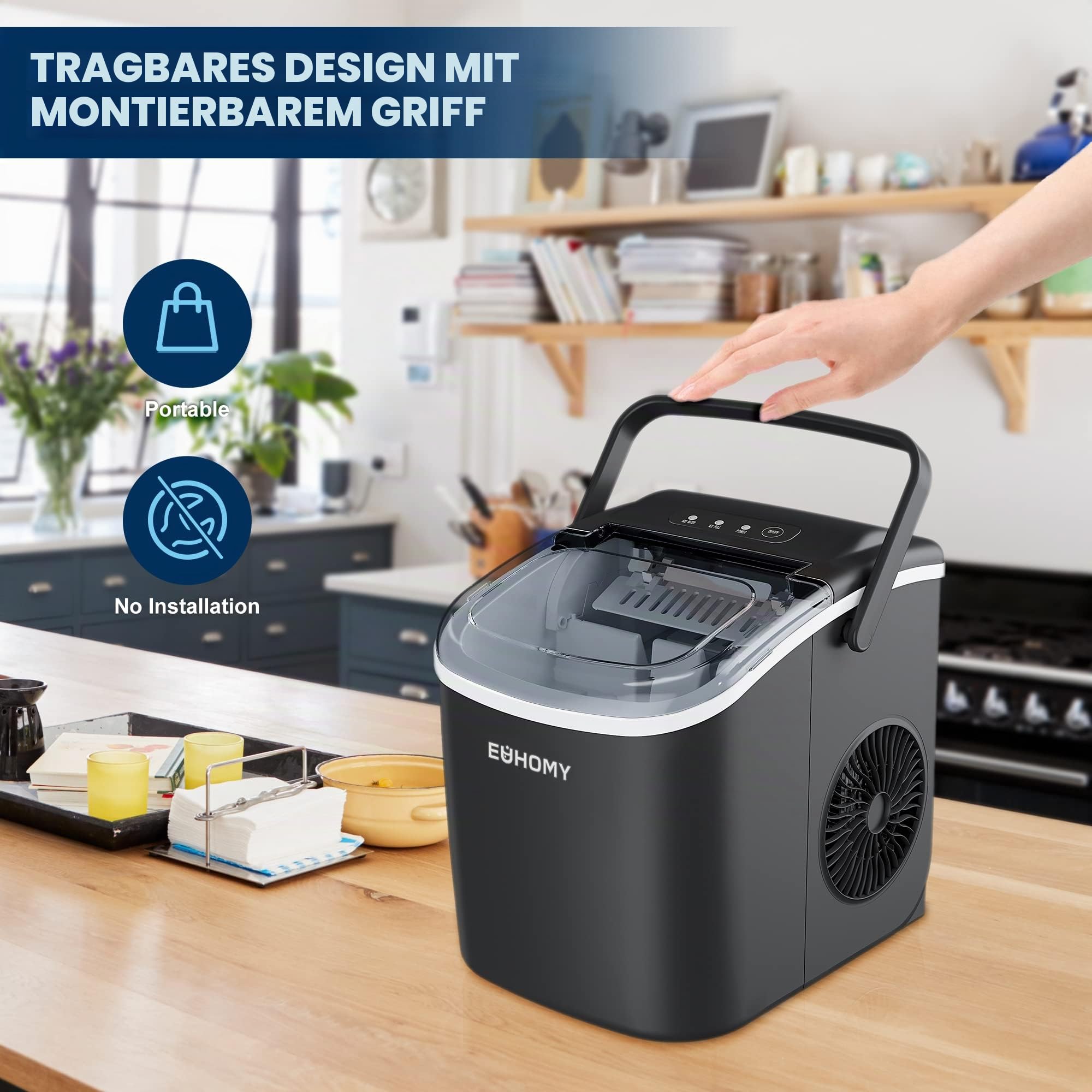 Eiswürfelmaschine Klein, 9 Eiswürfel in 6 Minuten, 12 kg/24H, Eiswürfelmaschine Edelstahl mit Tragbarem Griff, Selbstreinigender Kompakter Eiswürfelmaschinen für Zuhause/Küche/Büro/Bar
