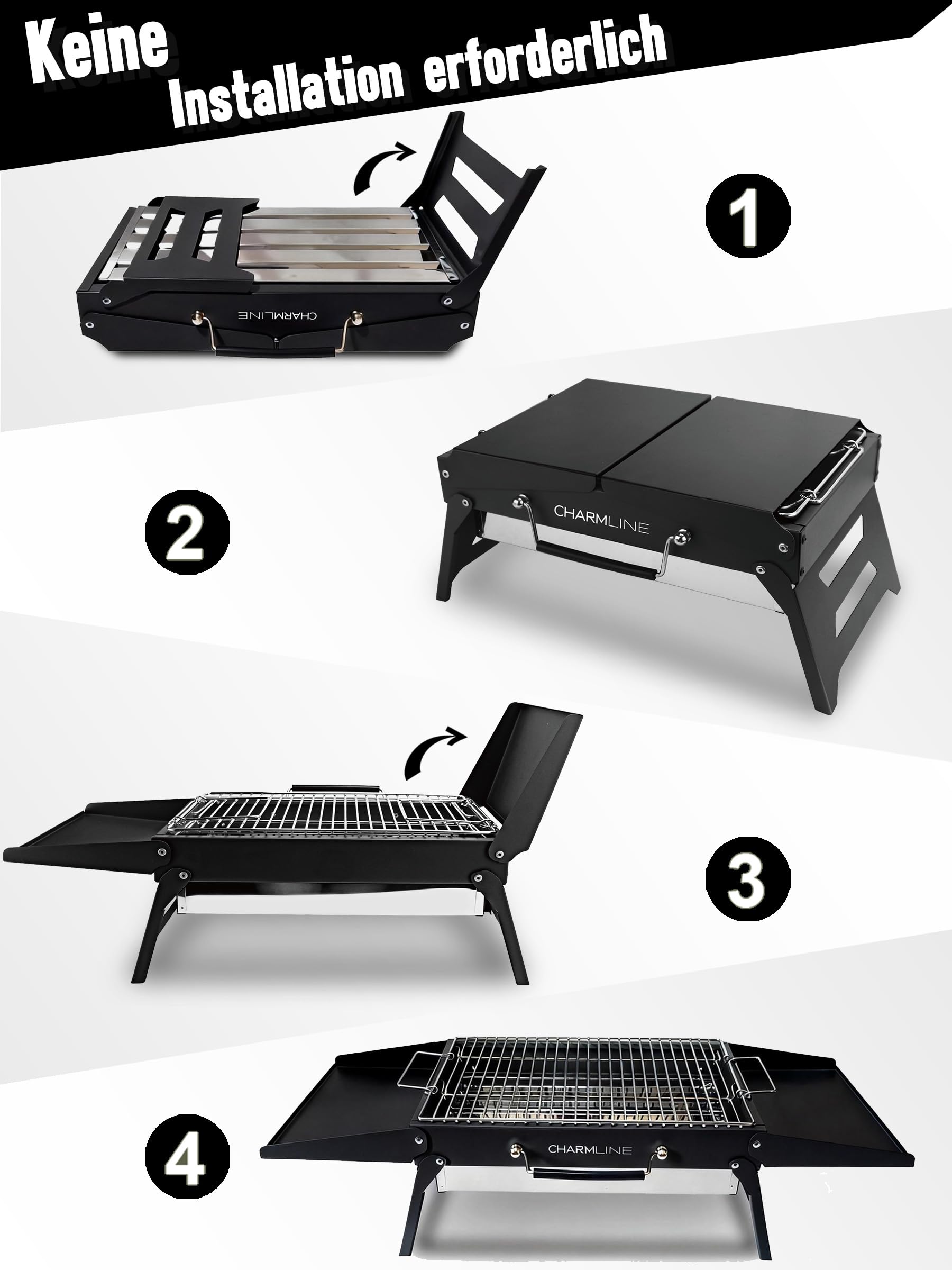 Tragbarer Holzkohlegrill, Klappbarer Campinggrill 35 x 23 cm für 1–3 Personen, Mini BBQ Grill für Balkon, Garten, Camping, Picknick und Strand