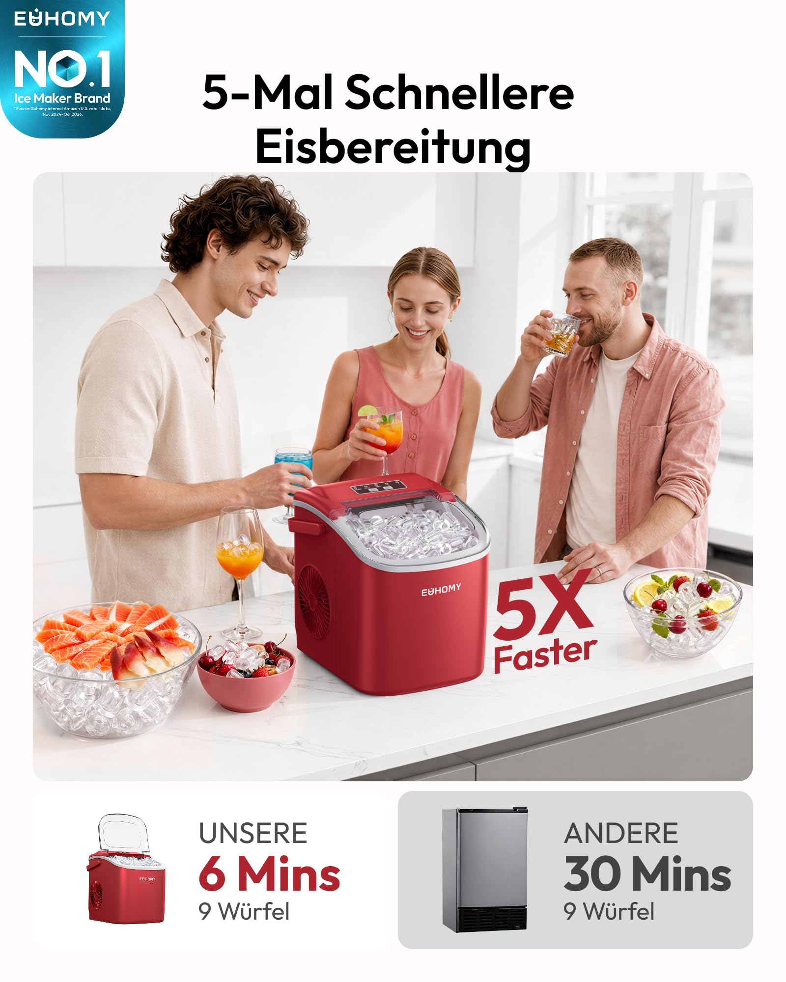Eiswürfelmaschine Klein, 9 Eiswürfel in 6 Minuten, 12 kg/24H, Eiswürfelmaschine Edelstahl mit Tragbarem Griff, Selbstreinigender Kompakter Eiswürfelmaschinen für Zuhause/Küche/Büro/Bar