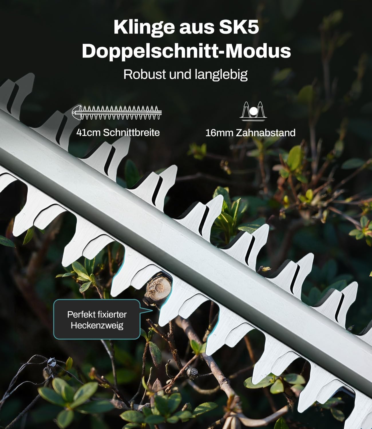 Akku Teleskop-Heckenschere kompatibel mit Makita 18V-Akkus, Schnittbreite 41 cm, Zinkenabstand 16 mm, Höhe bis 262 cm, 11-Fach winkelverstellbarer Schneidkopf
