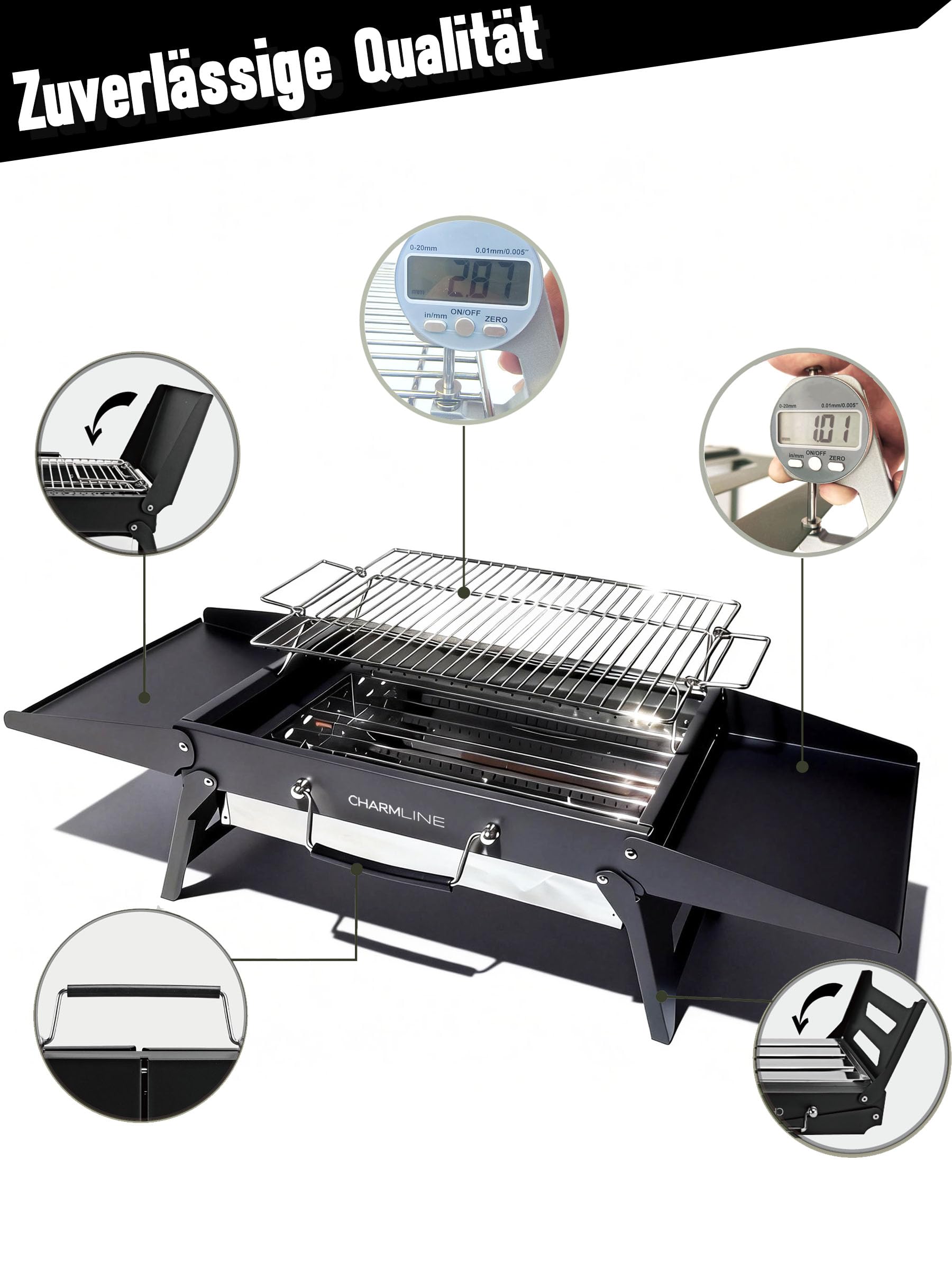 Tragbarer Holzkohlegrill, Klappbarer Campinggrill 35 x 23 cm für 1–3 Personen, Mini BBQ Grill für Balkon, Garten, Camping, Picknick und Strand