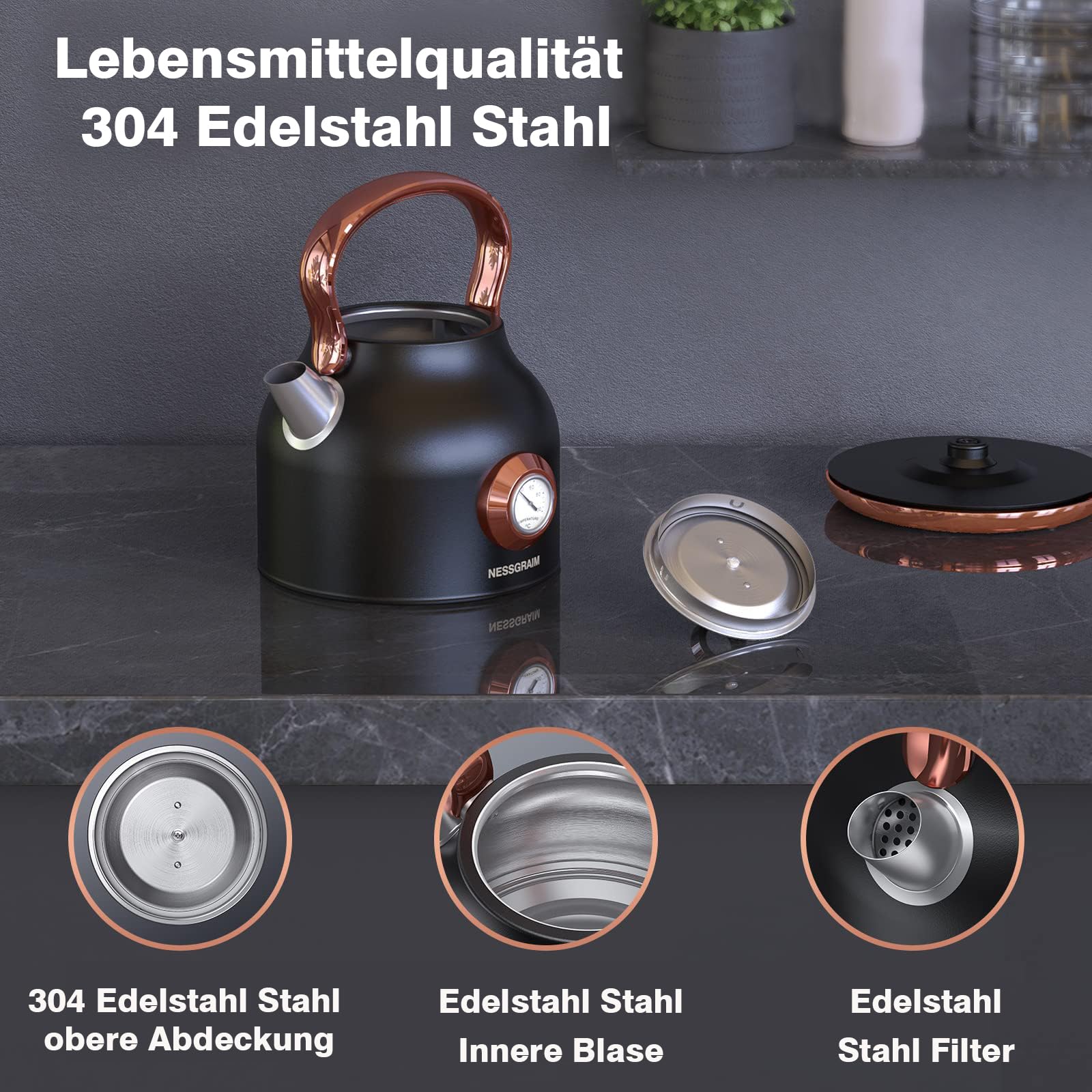Retro Wasserkocher, 1,7 Liter Edelstahl Teekessel mit grosser Temperaturanzeige, 2200 W Schnellerhitzung Heisswasserkessel mit LED-Anzeige, Schwarz oder Weiss