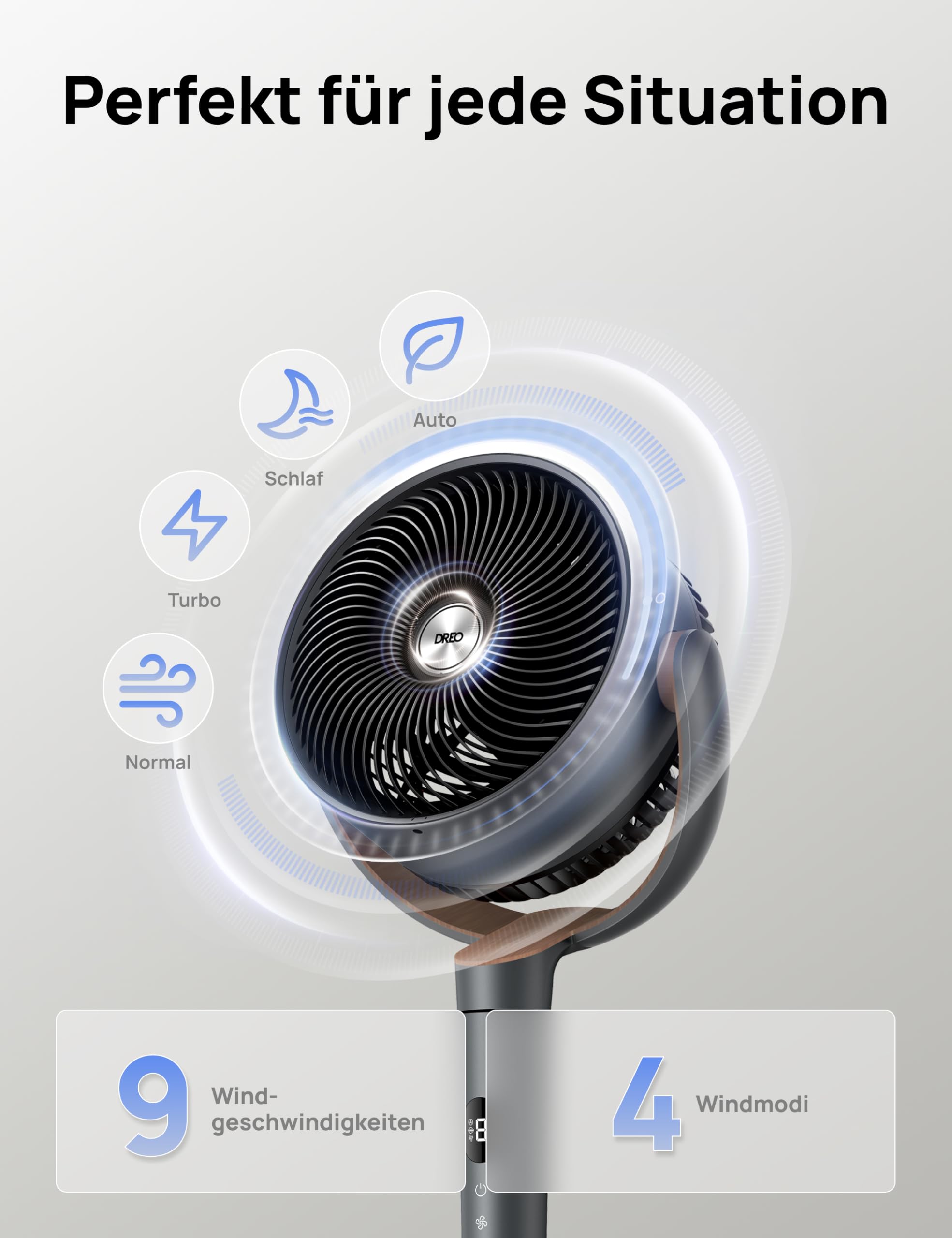 Starker Standventilator Smart mit RGB Light, 120° +120° Oszillierender Ventilator mit Fernbedienung, 20dB Leiser Bodenventilator / Turmventilator für Schlafzimmer, 8H Timer, Silber
