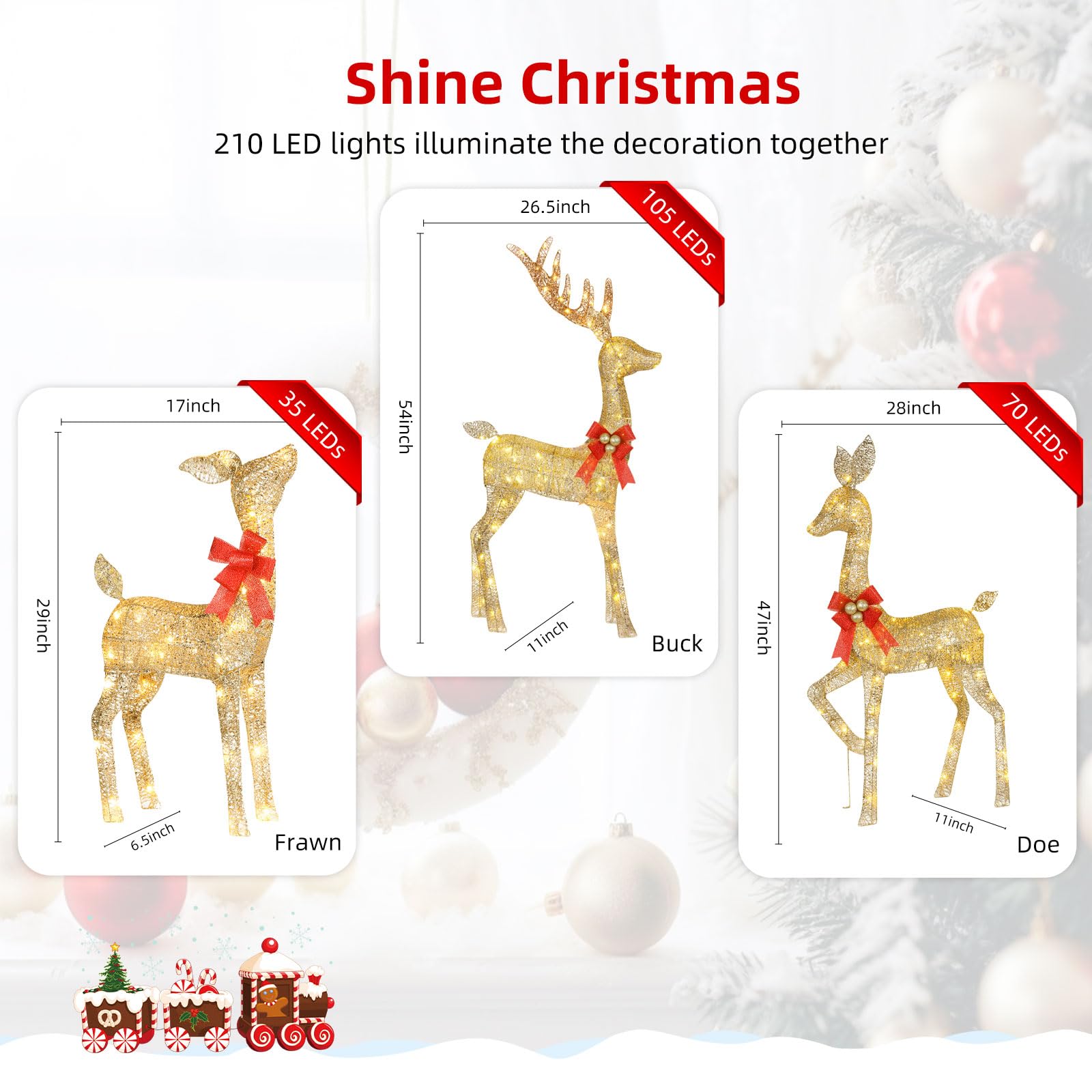 Beleuchtete Weihnachtsdekoration Deer 3 Stücke, Beleuchtete Weihnachtsdekoration Reindeer Familienset für Indoor Outdoor Vorderveranda mit LED, Stecker, Verlängerungskabel, Bodenpfähle, Gold