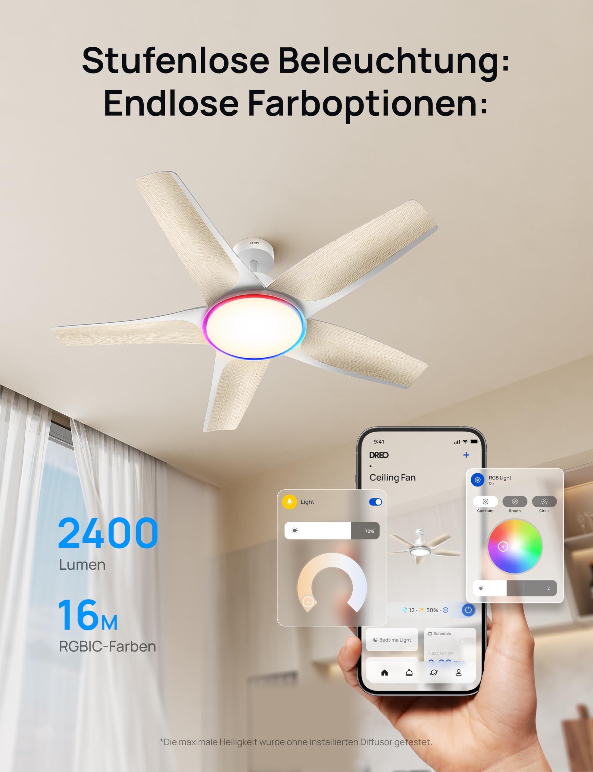 Smarter Low-Profile-Deckenventilator mit Licht, 132 cm, dimmbare LED mit einstellbarer Farbtemperatur, RGB-Ambientlicht, leiser DC-Motor, einfache Montage, App- & Alexa-Steuerung, weiß