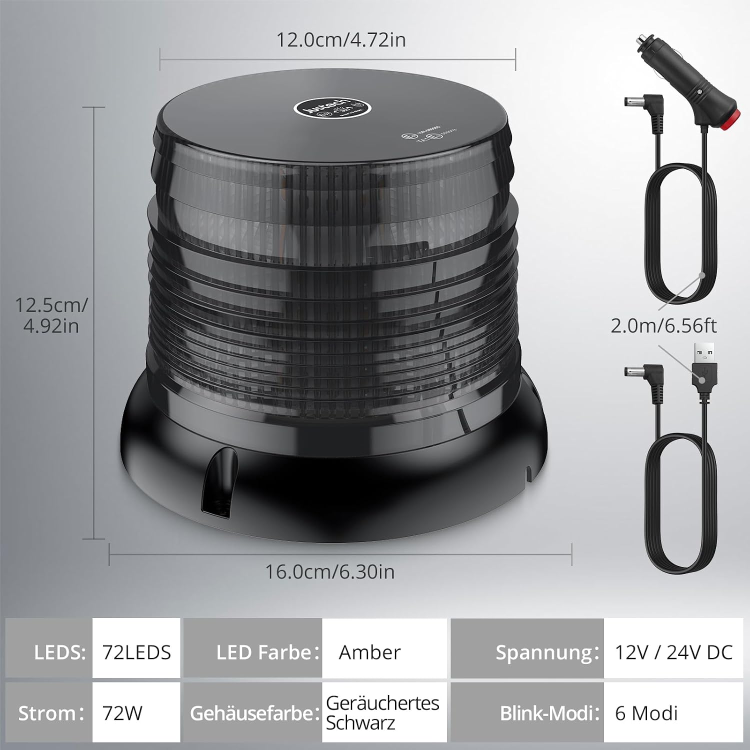 Warnleuchte Rundumleuchte 360° Gelb Blitzleuchte 7 modus mit 5m Netzkabel Doppelter Schraube 12V / 24V Warnlicht mit Magnetfuß Notfallblinklampe Magnet Transparent für Auto LKW usw
