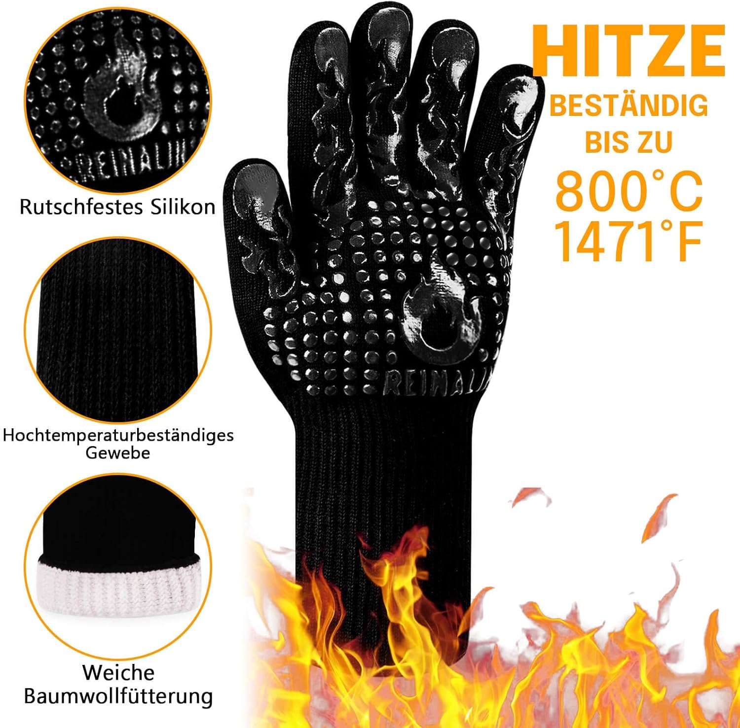 Gants de cuisine Reinalin, résistants à la chaleur jusqu'à 800 °C, gants de four, maniques, gants ignifugés, gants de barbecue, gants de cuisine, gants de pâtisserie (L/XL/XXL, noir) 