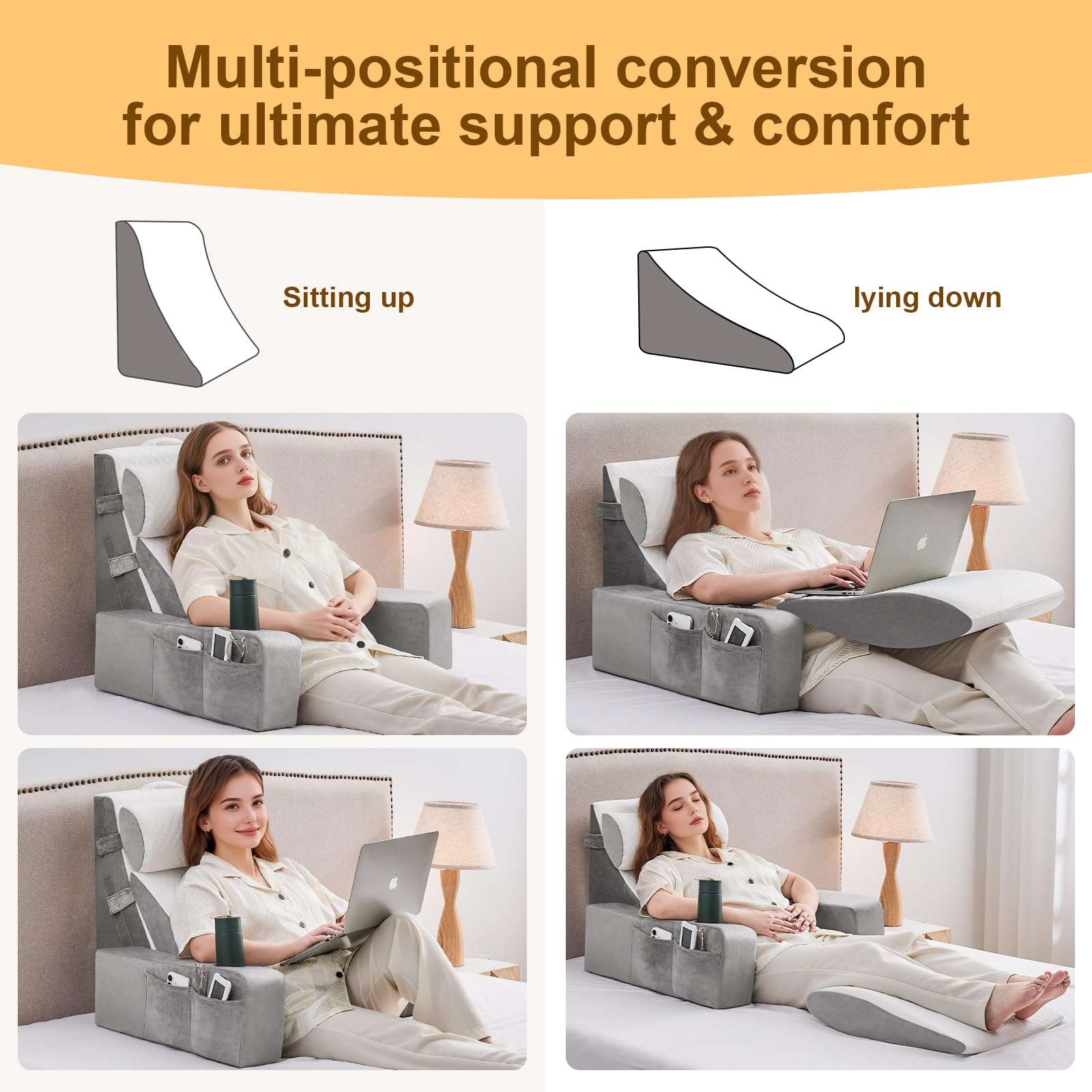 Lesekissen für Bett und Sofa,Bücherkissen mit Abnehmbarer Nackenrolle & Armlehne,Rückenkissen Bett, Wandkissen Multifunktions-Keilkissen zum Lesen, Arbeiten,Bed Wedge Pillow
