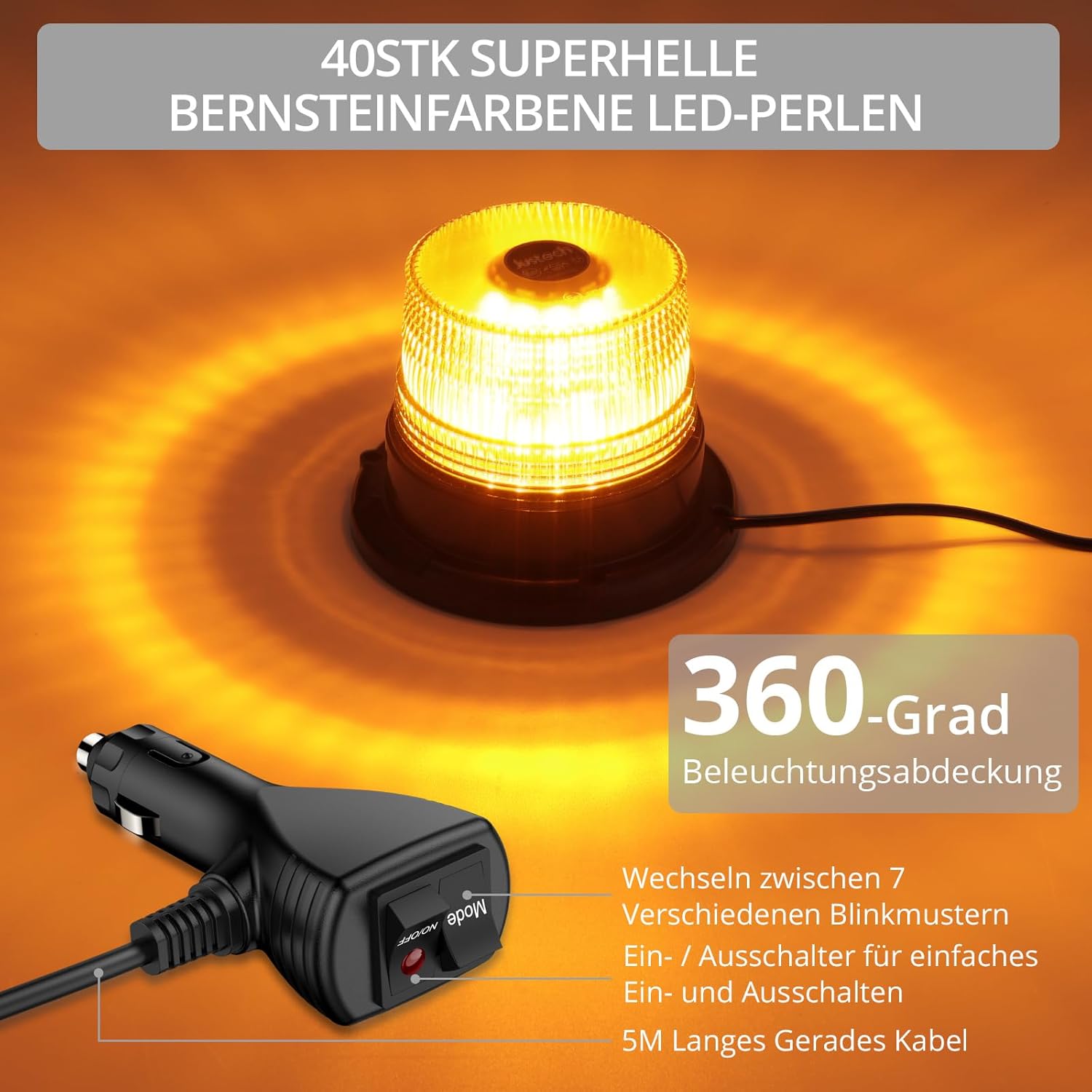 Warnleuchte Rundumleuchte 360° Gelb Blitzleuchte 7 modus mit 5m Netzkabel Doppelter Schraube 12V / 24V Warnlicht mit Magnetfuß Notfallblinklampe Magnet Transparent für Auto LKW usw