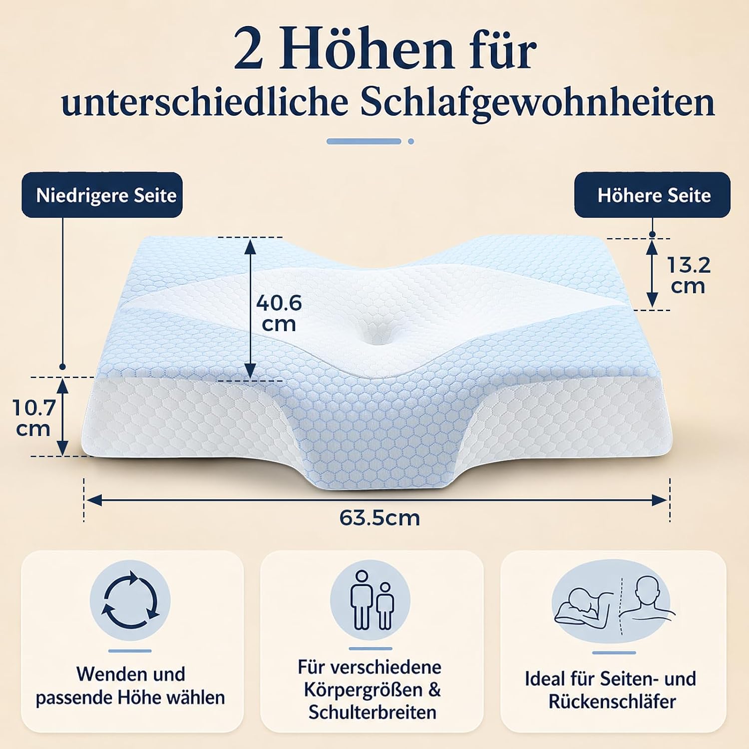 Nackenstützkissen gegen Nackenschmerzen, orthopädisches Kopfkissen, ergonomisches Memory Foam Nackenkissen mit 2 Höhen, Hohlraum & kühlendem Bezug, für Seiten- und Rückenschläfer