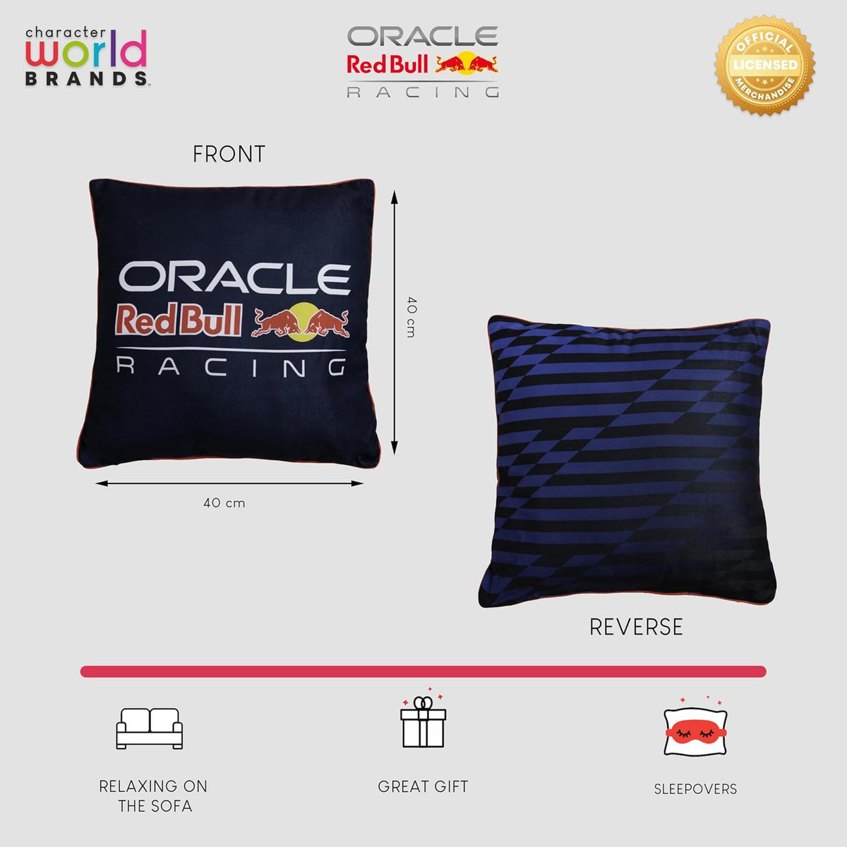 Oracle Red Bull Racing offiziell Lizenziertes F1-Quadratkissen, superweiches Kissen | Schwarz, automatisch wendbares Design | Perfekt für die Dekoration im Schlafzimmer oder Wohnzimmer | 40 x 40 cm