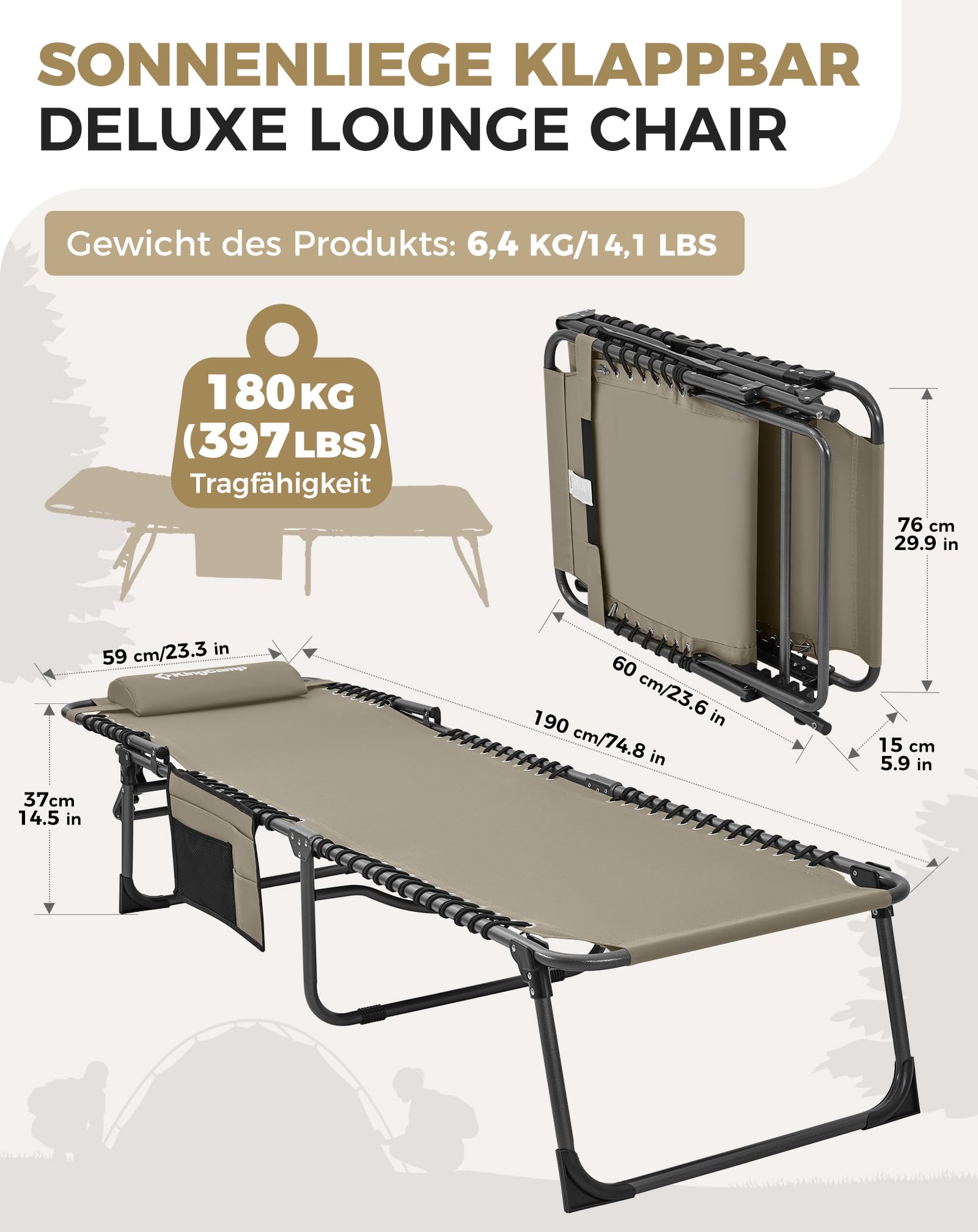 Sonnenliege Klappbar 5-Verstellbare, bis 180 kg, 2er Set, Blau | Gartenliege Klappbar, mit Kopfstütze & Seitentasche, Sonnenliege Wetterfest, Strandliege für Garten Terrasse Pool Camping