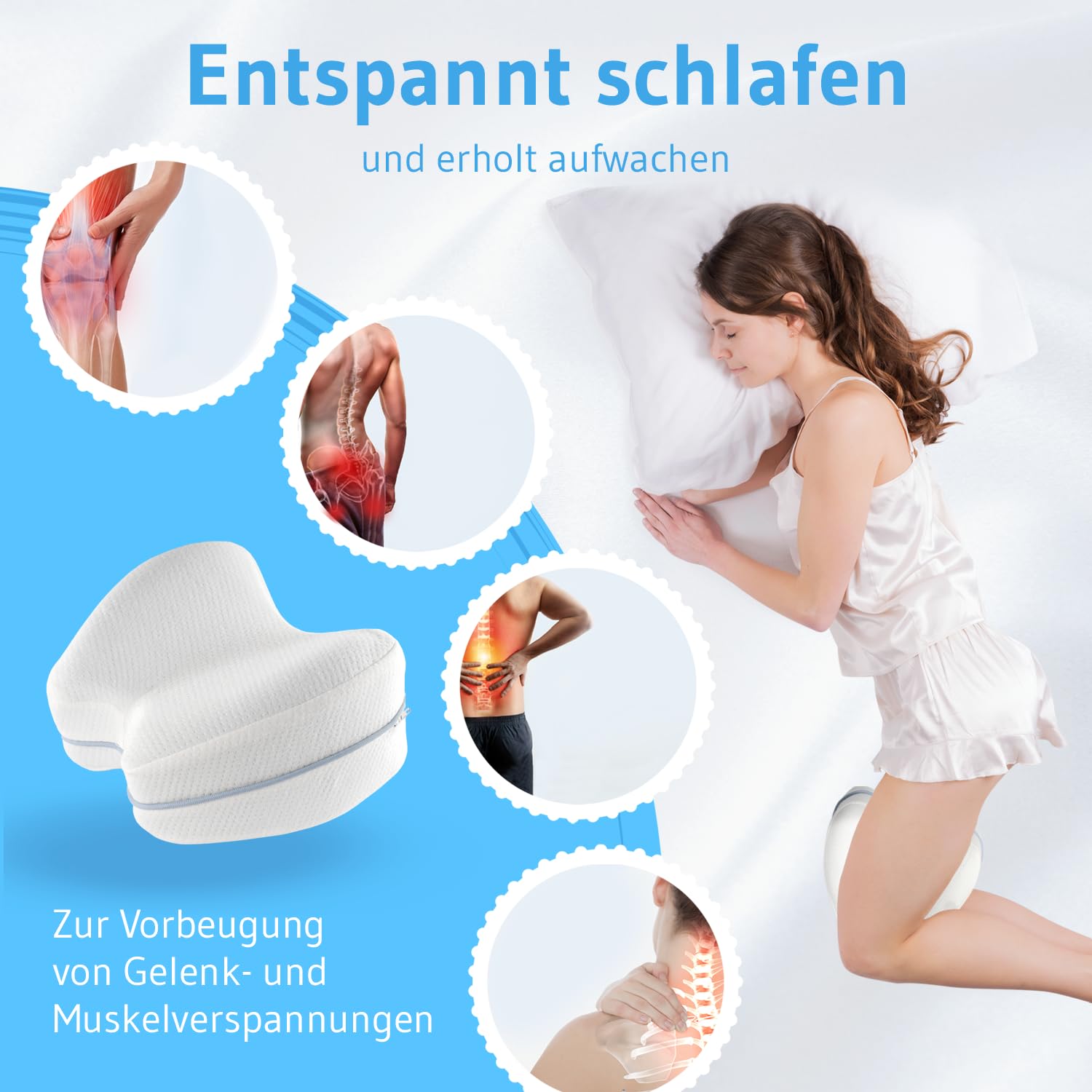 Kniekissen für Seitenschläfer, Orthopädisches Bein-Kissen für eine optimale Schlafhaltung, Ergonomisches Lagerungskissen aus viscoelastischem Memory Schaum, atmungsaktiver & waschbarer Bezug 23,5x9,5