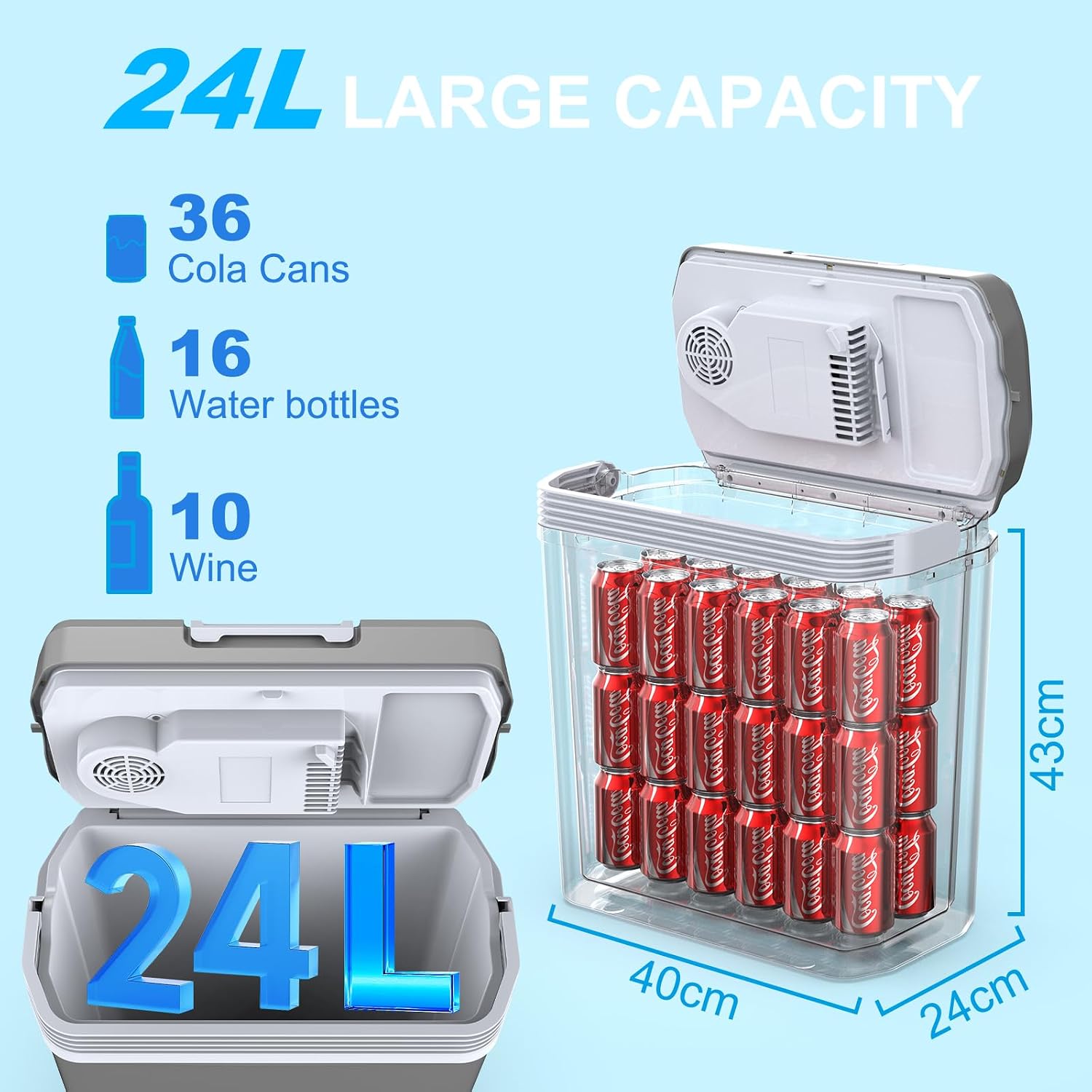 24 Liter Kühlbox, 2 in1 elektrische Kühlbox 12V 230V Kühlen und Wärmen Mini Kühlschrank mit ECO & MAX Modus, für Auto und Hause Leise
