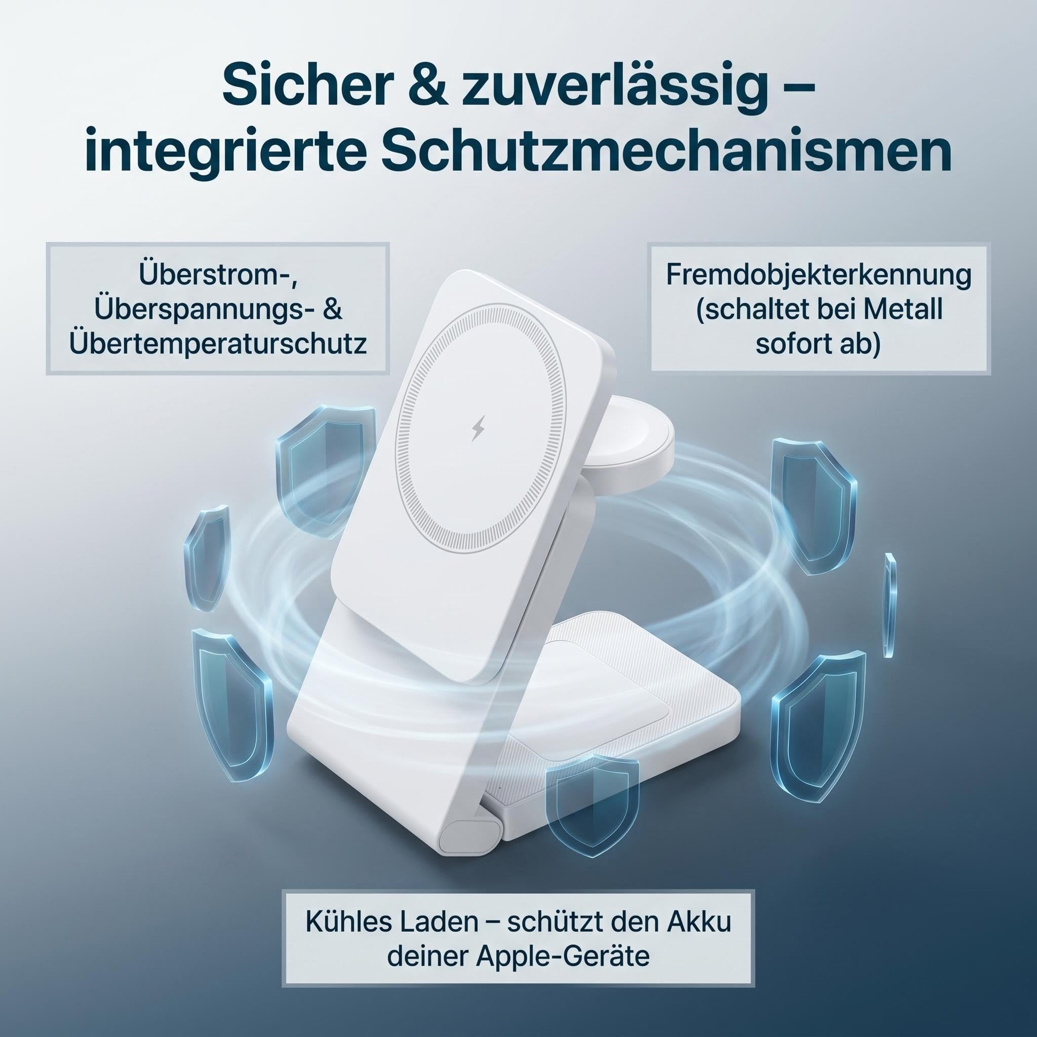 3 in 1 MagSafe Induktive Ladestation, Kabelloses Ladegerät QI2.2 | Magnet Induktionsladegerät für iPhone 12-17 Serie/Apple Watch/AirPods, Wireless Charger Stand mit 20W Adapter, Silber-Schwarz
