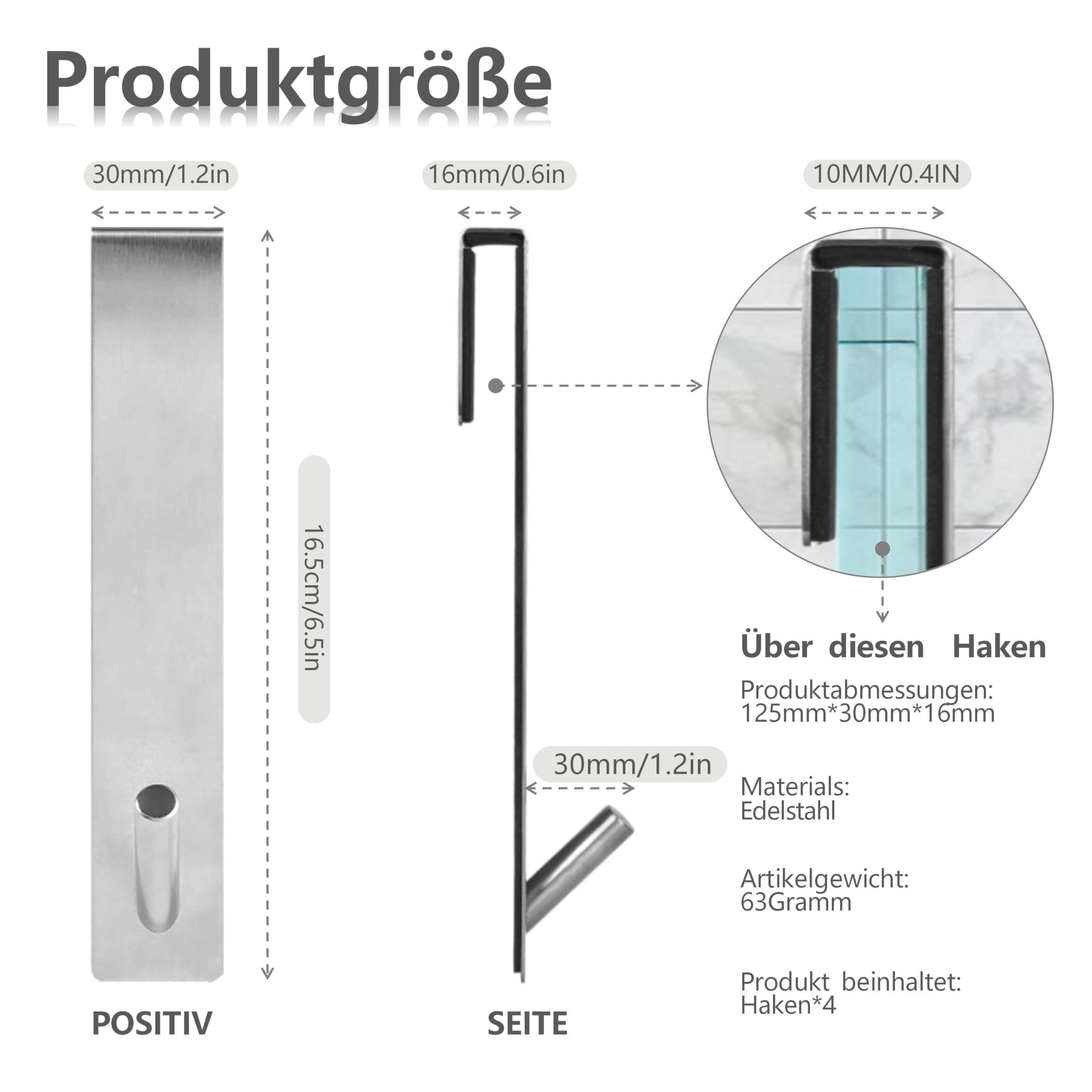4 STK 12.5CM Edelstahl Duschhaken für Glaswand ohne Bohren, Haken Duschwand mit Schutzmatte, Duschhaken für Glaswand, Handtuchhalter Dusche Glaswand für Glasstärken ≤ 10mm
