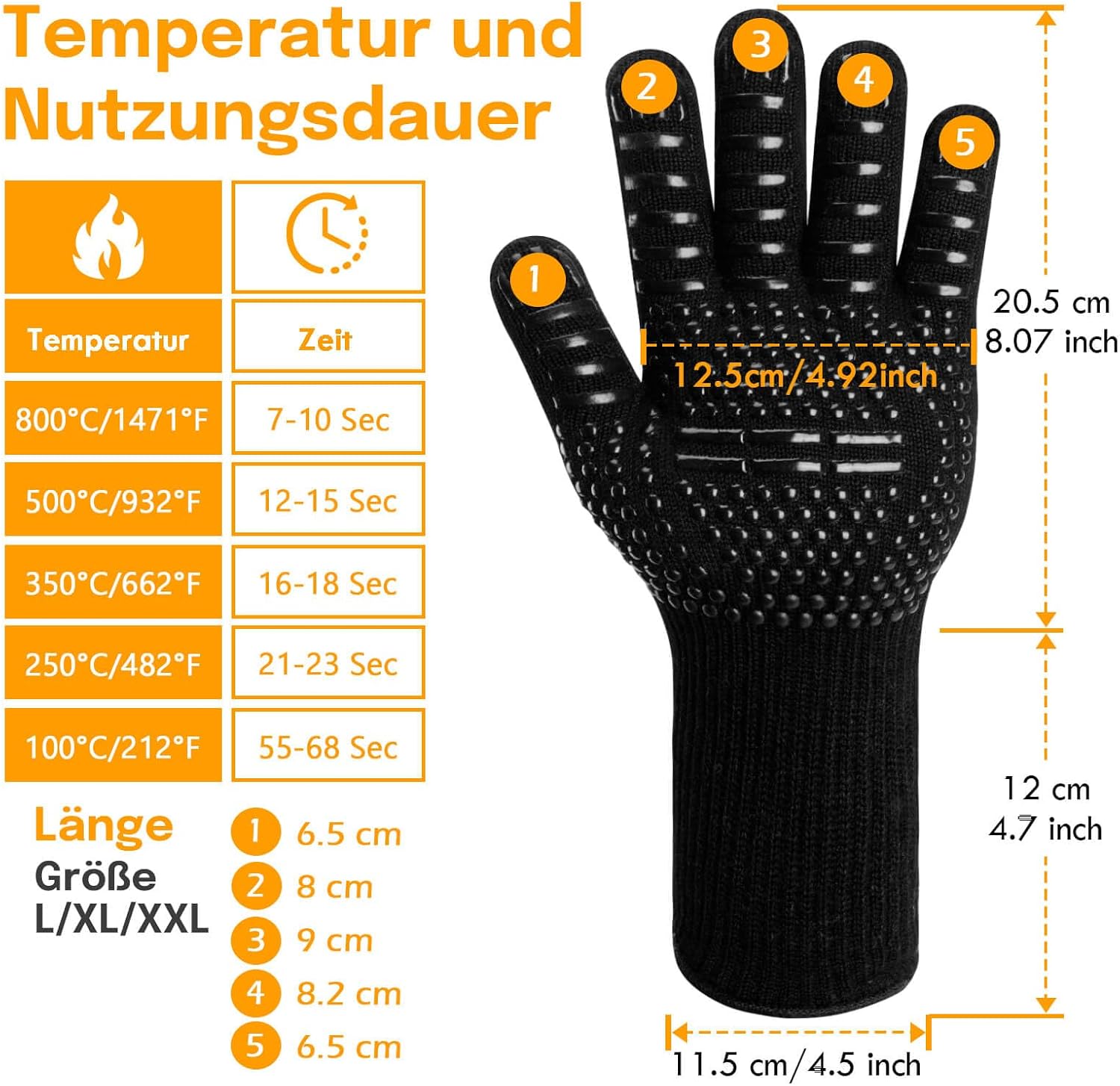 Gants de cuisine Reinalin, résistants à la chaleur jusqu'à 800 °C, gants de four, maniques, gants ignifugés, gants de barbecue, gants de cuisine, gants de pâtisserie (L/XL/XXL, noir) 