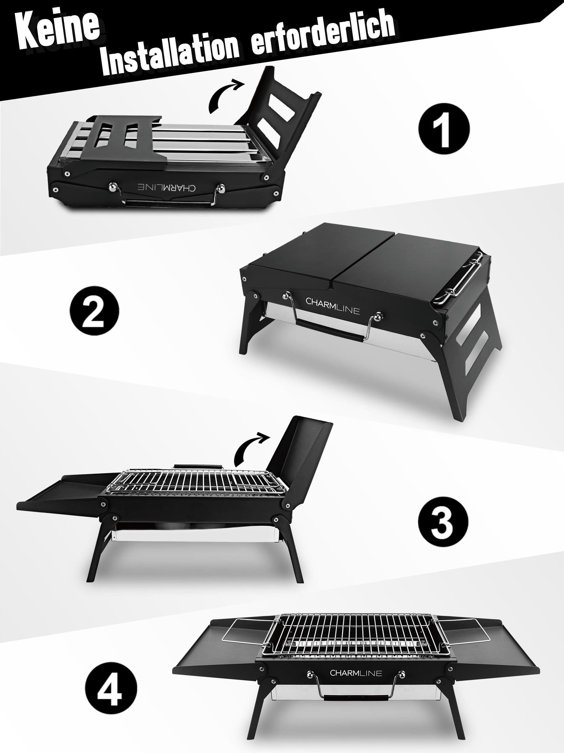 Tragbarer Holzkohlegrill, Klappbarer Campinggrill 35 x 23 cm für 1–3 Personen, Mini BBQ Grill für Balkon, Garten, Camping, Picknick und Strand