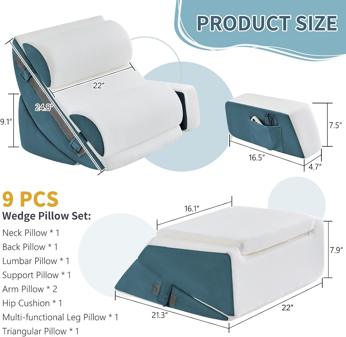 9PCS Orthopädische Bett Keil Kissen Set,Post Chirurgie Schaum Kissen für Körper,Rücken und Beine Schmerzlinderung,Justierbare Stützkissen mit Säure Reflux Bed Wedge Memory Foam Marineblau