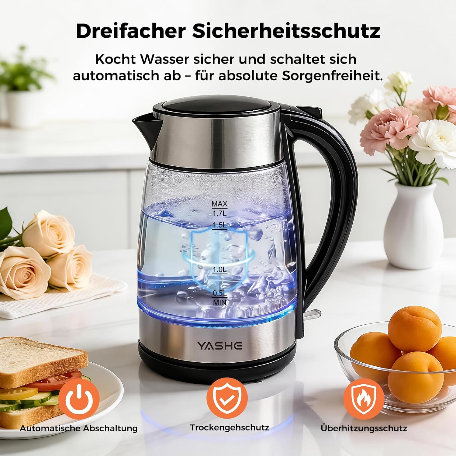 Wasserkocher mit Temperatureinstellung 1,7L 2200W Glas | 5 Temperaturstufen, 5 Farben LED, 30 Min Warmhaltefunktion, Kabellos, Kalkfilter, Abschaltautomatik