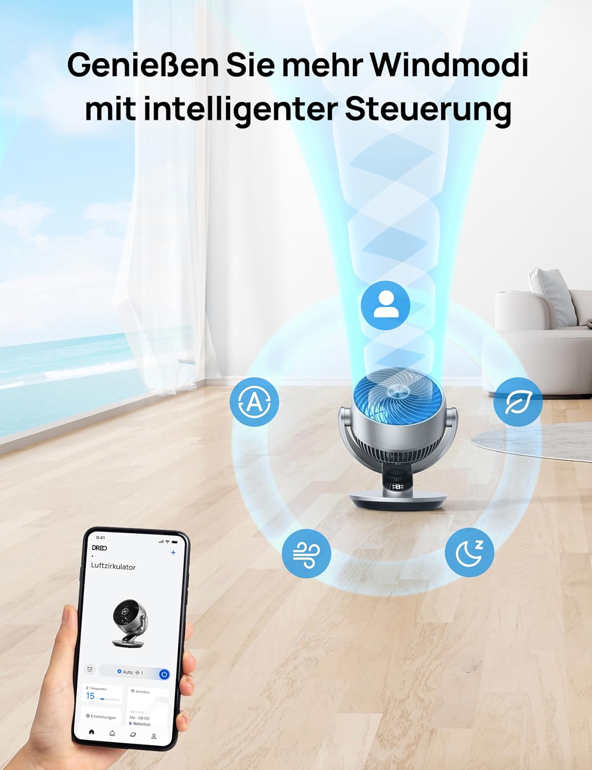 28dB Leiser Smart Tischventilator für Schlafzimmer Büro, Ventilator mit Fernbedienung Kühlung 21M Windentfernung 4-Geschwindigstufe 5 Modi 12H Timer 90° Auto 120° Manuell oszillierend, Lynx S