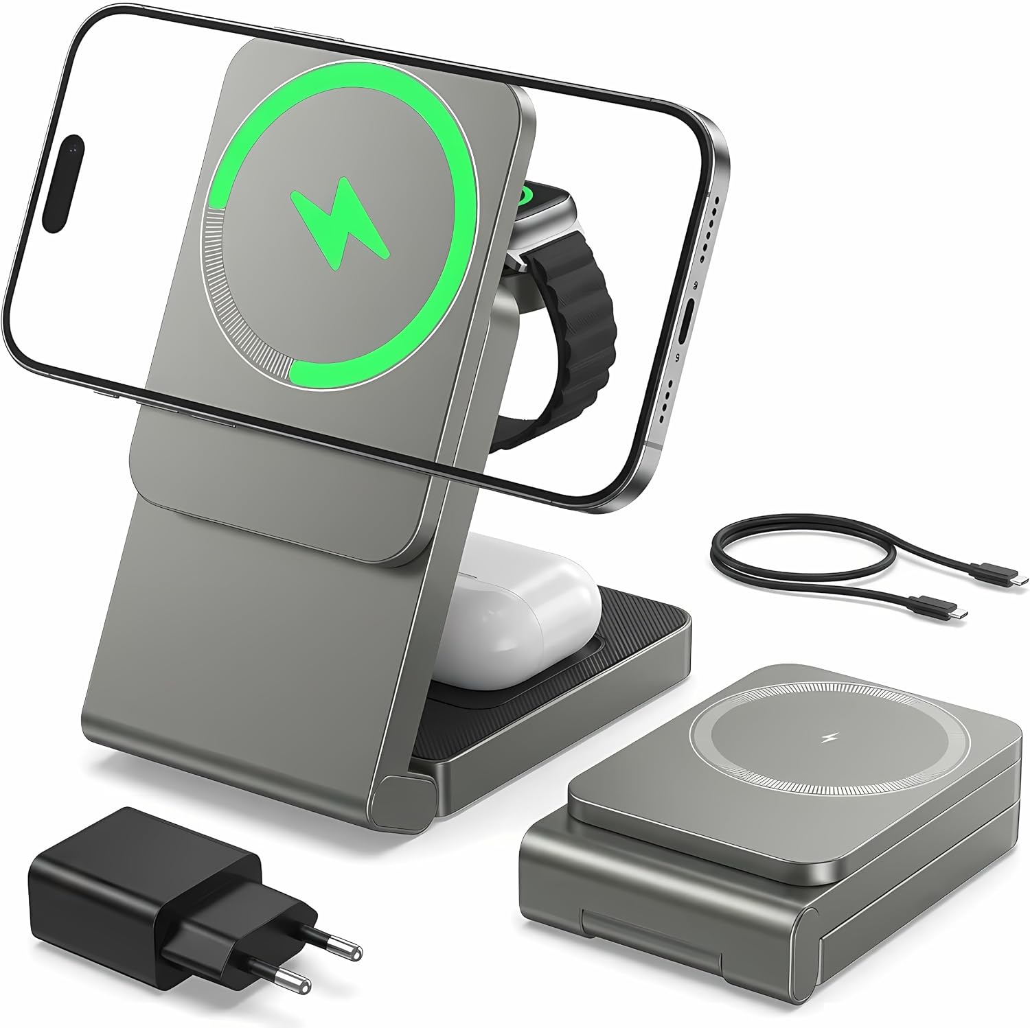 3 in 1 MagSafe Induktive Ladestation, Kabelloses Ladegerät QI2.2 | Magnet Induktionsladegerät für iPhone 12-17 Serie/Apple Watch/AirPods, Wireless Charger Stand mit 20W Adapter, Silber-Schwarz