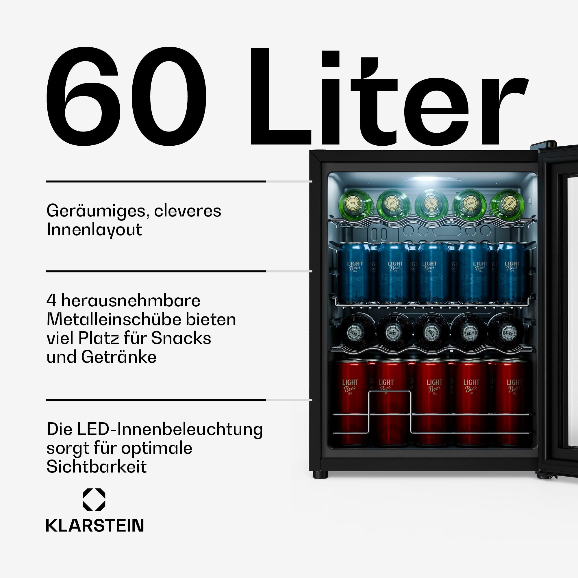Beersafe Getränkekühlschrank 60 L – Mini Kühlschrank mit Glastür, Kupfer | LED-Beleuchtung, herausnehmbare Metallablagen, leise, Flaschenkühlschrank für Getränke & Dosen