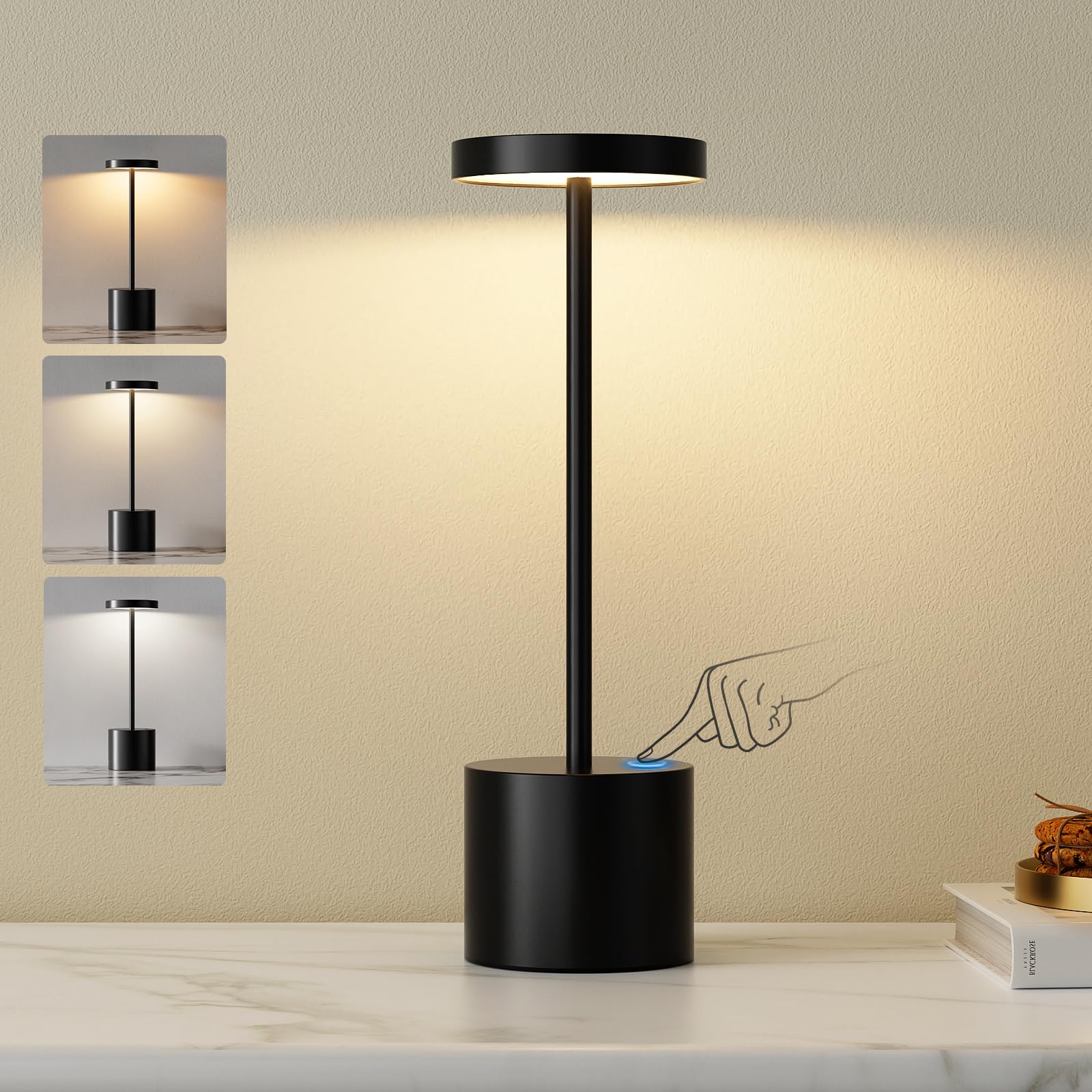 Tischlampe Batterie, LED Tischlampe Wireless, Tischlampe Wireless Batterie mit 3 Farbtemperaturen, Touch Nachttischlampe Dimmbar, kontinuierlich dimmbar für Schlafzimmer