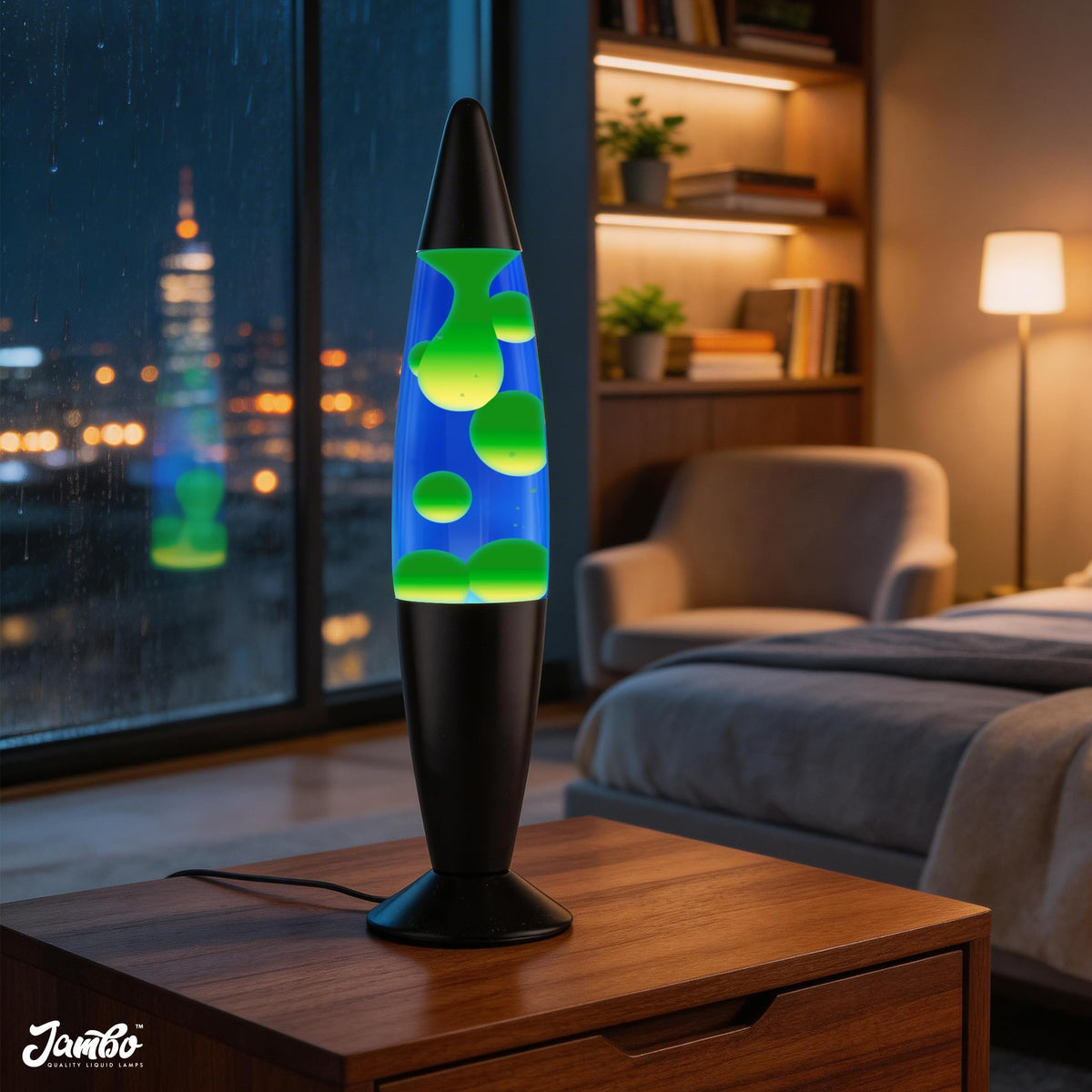 Jambo Liquid-Motion-Lampe mit schwarzem Sockel (Black Base, Purple Liquid, White Wax, 16")