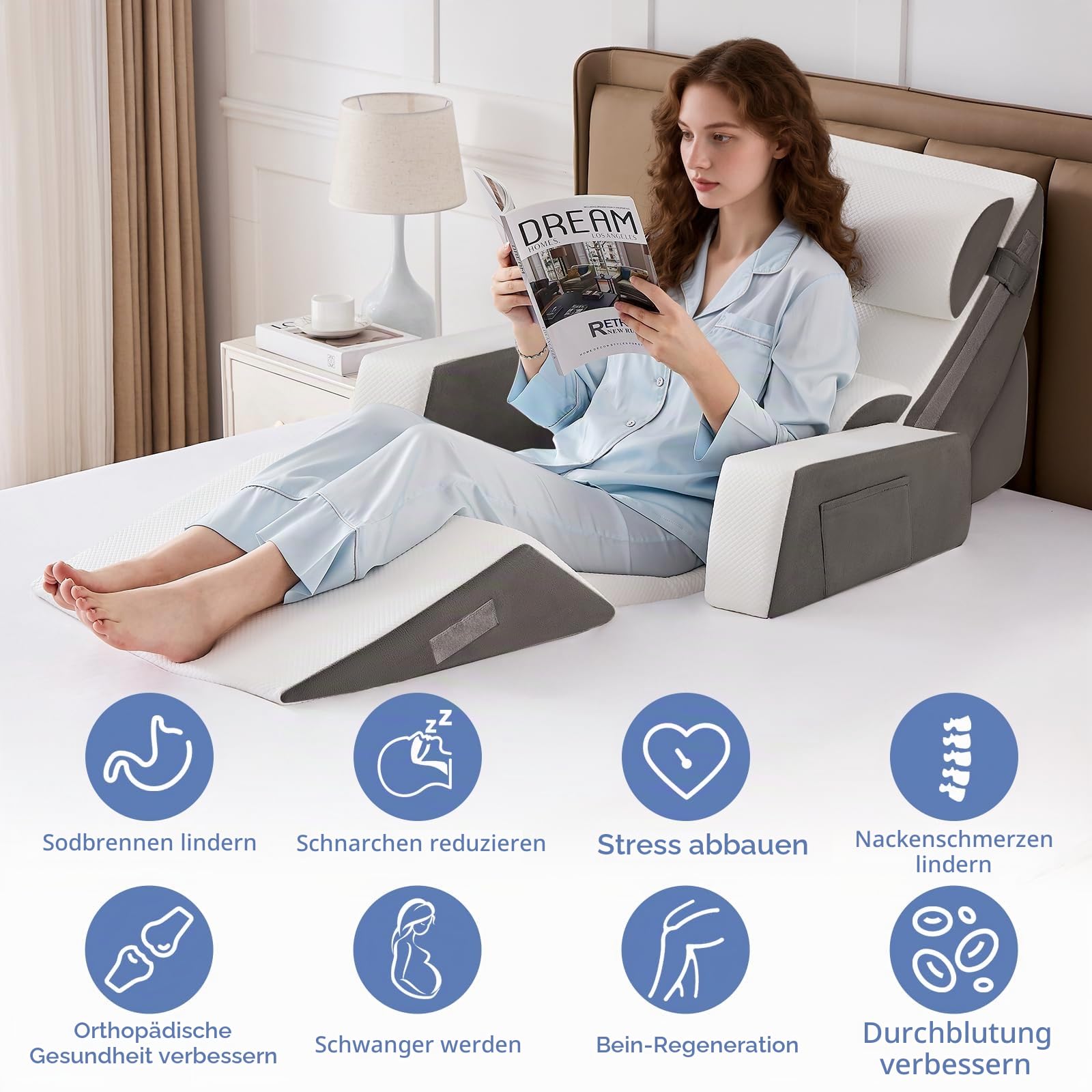 9PCS Orthopädische Bett Keil Kissen Set,Post Chirurgie Schaum Kissen für Körper, Rücken und Beine Schmerzlinderung,Justierbare Stützkissen mit Säure Reflux Bed Wedge Memory Foam Durchgehend dunkelgrau