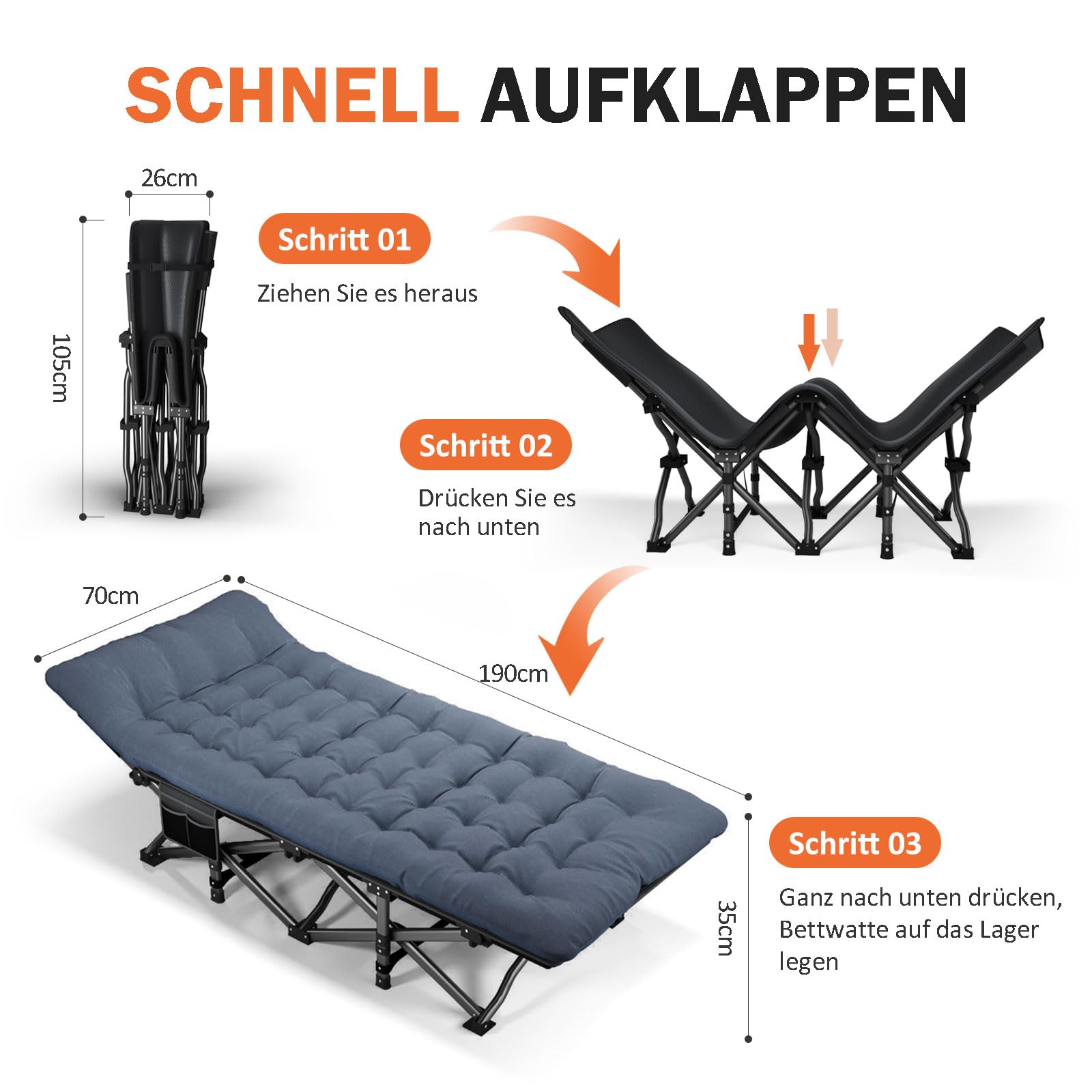 Camping Bett - Feldbett - Gästebett bis 200 kg mit Seitentasche, Portable Camping Lounge, Outdoor, Garten, Reisen, Camping, Indoor