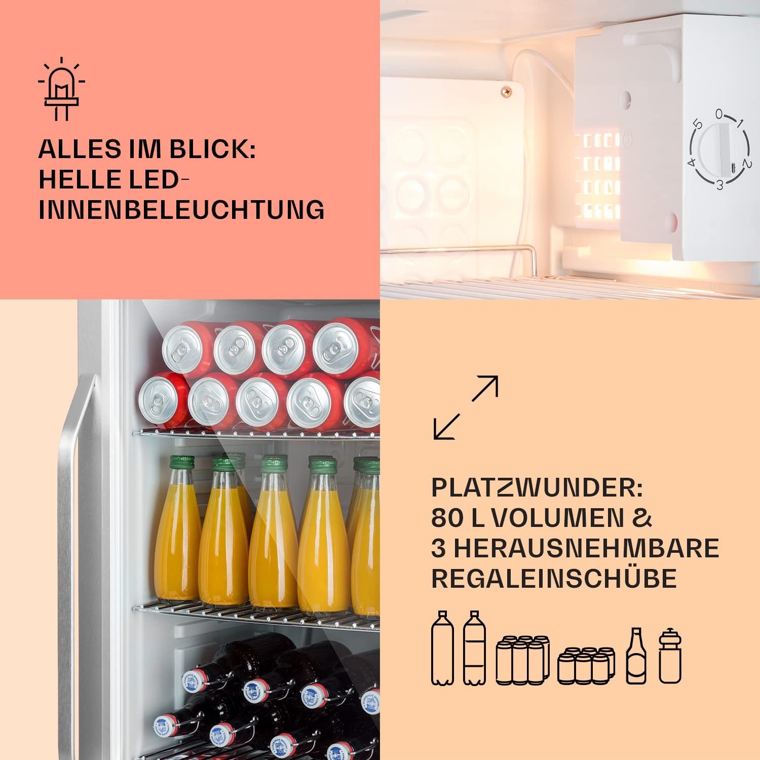Beersafe Getränkekühlschrank 60 L – Mini Kühlschrank mit Glastür, Kupfer | LED-Beleuchtung, herausnehmbare Metallablagen, leise, Flaschenkühlschrank für Getränke & Dosen