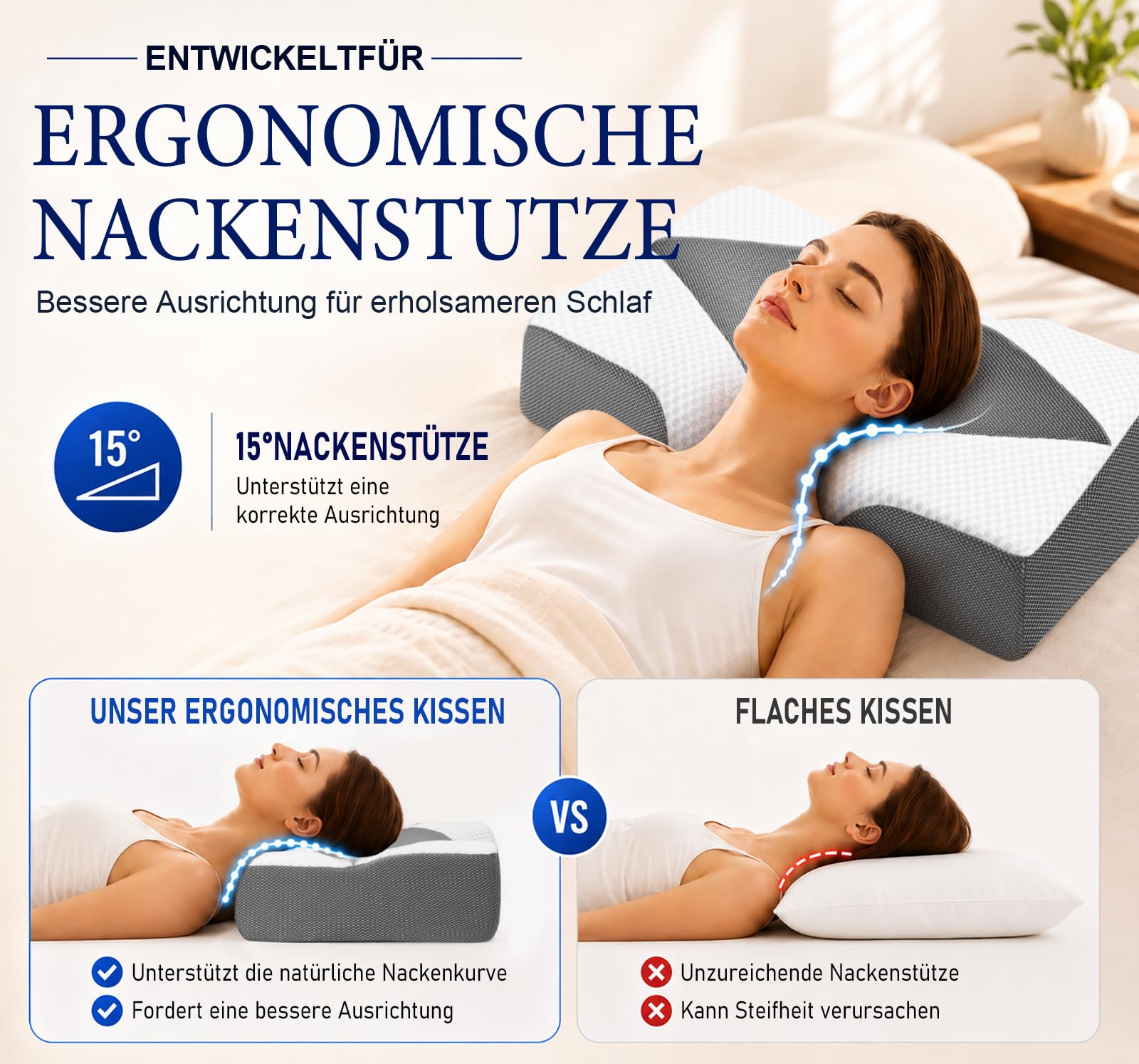 Nackenstützkissen gegen Nackenschmerzen, orthopädisches Kopfkissen, ergonomisches Memory Foam Nackenkissen mit 2 Höhen, Hohlraum & kühlendem Bezug, für Seiten- und Rückenschläfer