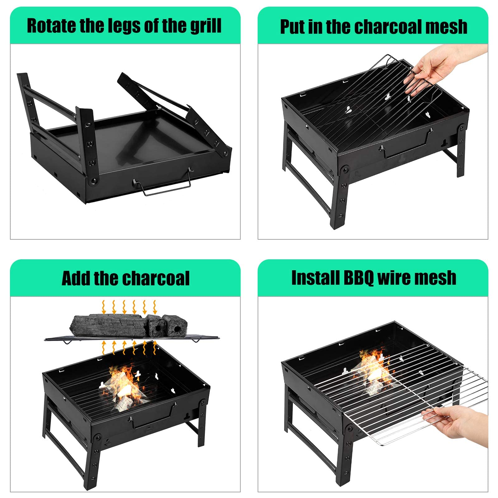 Holzkohlegrill Picknickgrill Edelstahl Kleiner Grill Portabler Campinggrill Abnehmbare BBQ Grills für Outdoor Garten Party