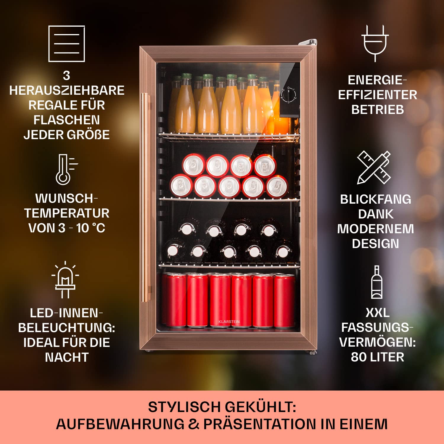 Beersafe Getränkekühlschrank 60 L – Mini Kühlschrank mit Glastür, Kupfer | LED-Beleuchtung, herausnehmbare Metallablagen, leise, Flaschenkühlschrank für Getränke & Dosen