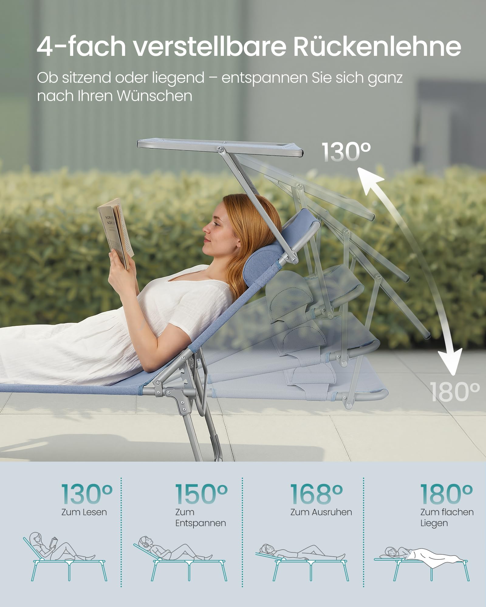 Sonnenliege, klappbarer Liegestuhl, 193 x 53 x 29 cm, trägt bis zu 150 kg, Sonnenschutz, Kopfkissen, verstellbare Rückenlehne, für Garten, Pool, Terrasse