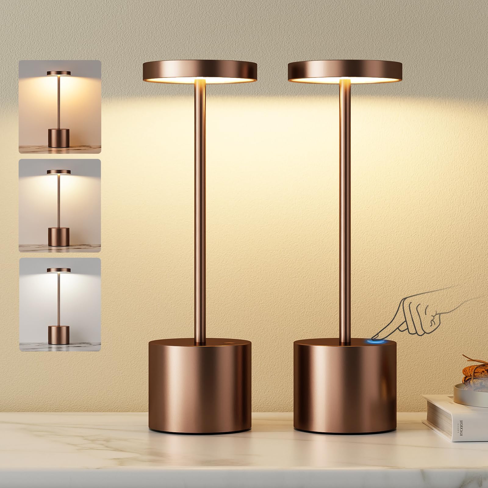 Tischlampe Batterie, LED Tischlampe Wireless, Tischlampe Wireless Batterie mit 3 Farbtemperaturen, Touch Nachttischlampe Dimmbar, kontinuierlich dimmbar für Schlafzimmer