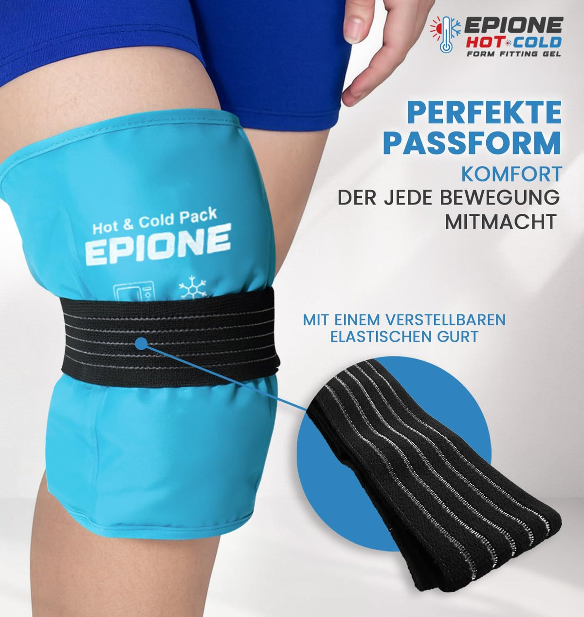 Kühlpads Epione 3XL Gelkissen kalt/warm – mit elastischem Gurt und Stoffhülle – wiederverwendbar zur Schmerzlinderung bei Muskel‑ und Gelenkschmerzen, Verletzungen und Physiotherapie