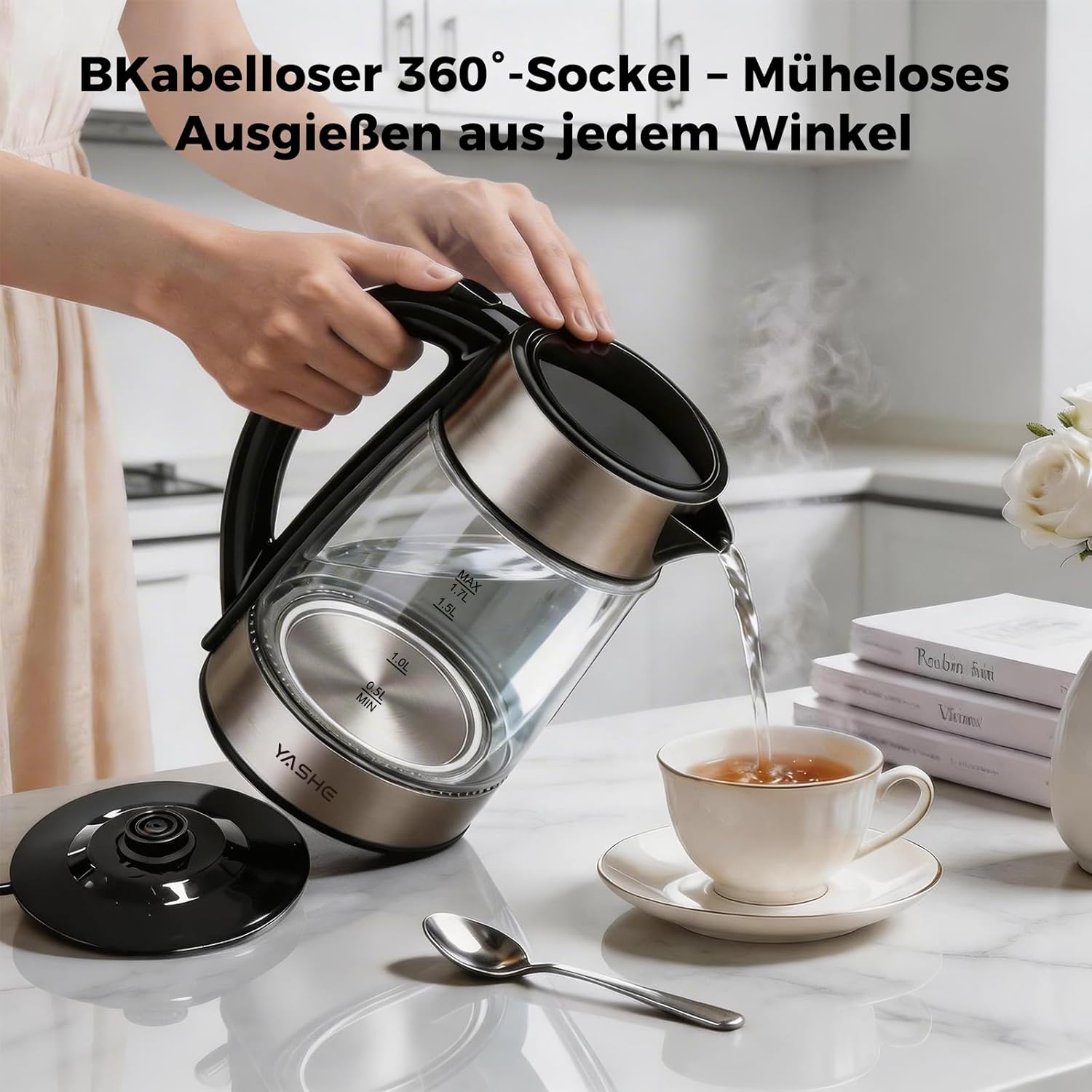 Wasserkocher mit Temperatureinstellung 1,7L 2200W Glas | 5 Temperaturstufen, 5 Farben LED, 30 Min Warmhaltefunktion, Kabellos, Kalkfilter, Abschaltautomatik
