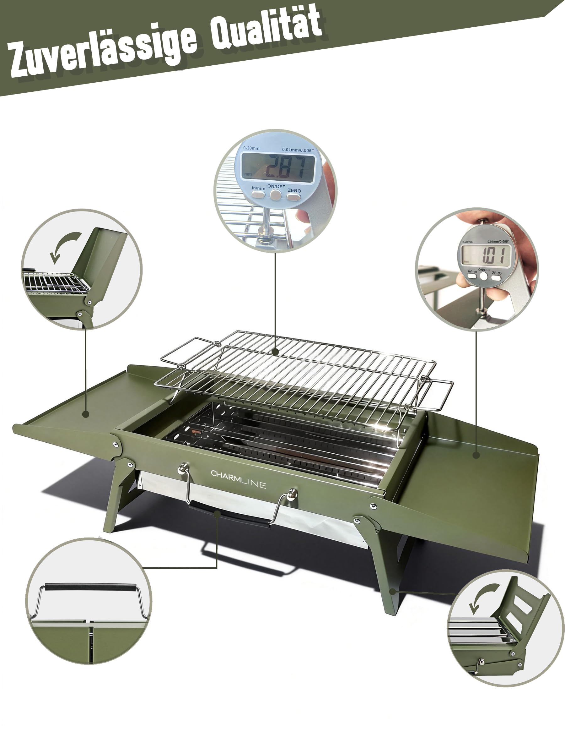 Tragbarer Holzkohlegrill, Klappbarer Campinggrill 35 x 23 cm für 1–3 Personen, Mini BBQ Grill für Balkon, Garten, Camping, Picknick und Strand