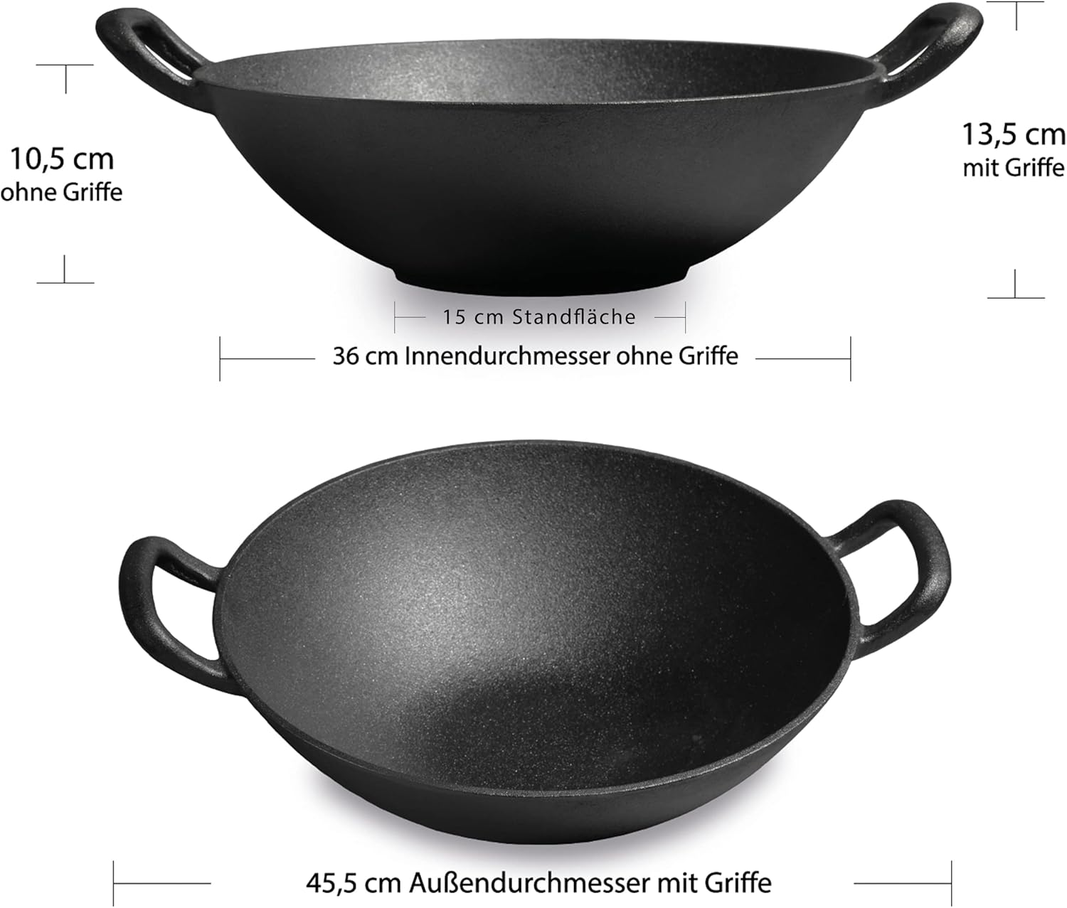 Bergensteiner® 100% Gusseisen Wok mit emaillierter Oberfläche | 36 cm Durchmesser groß | Grill, Induktion, Feuer, Gasgrill | Wok Pan | Inklusive Premium Grillhandschuhe