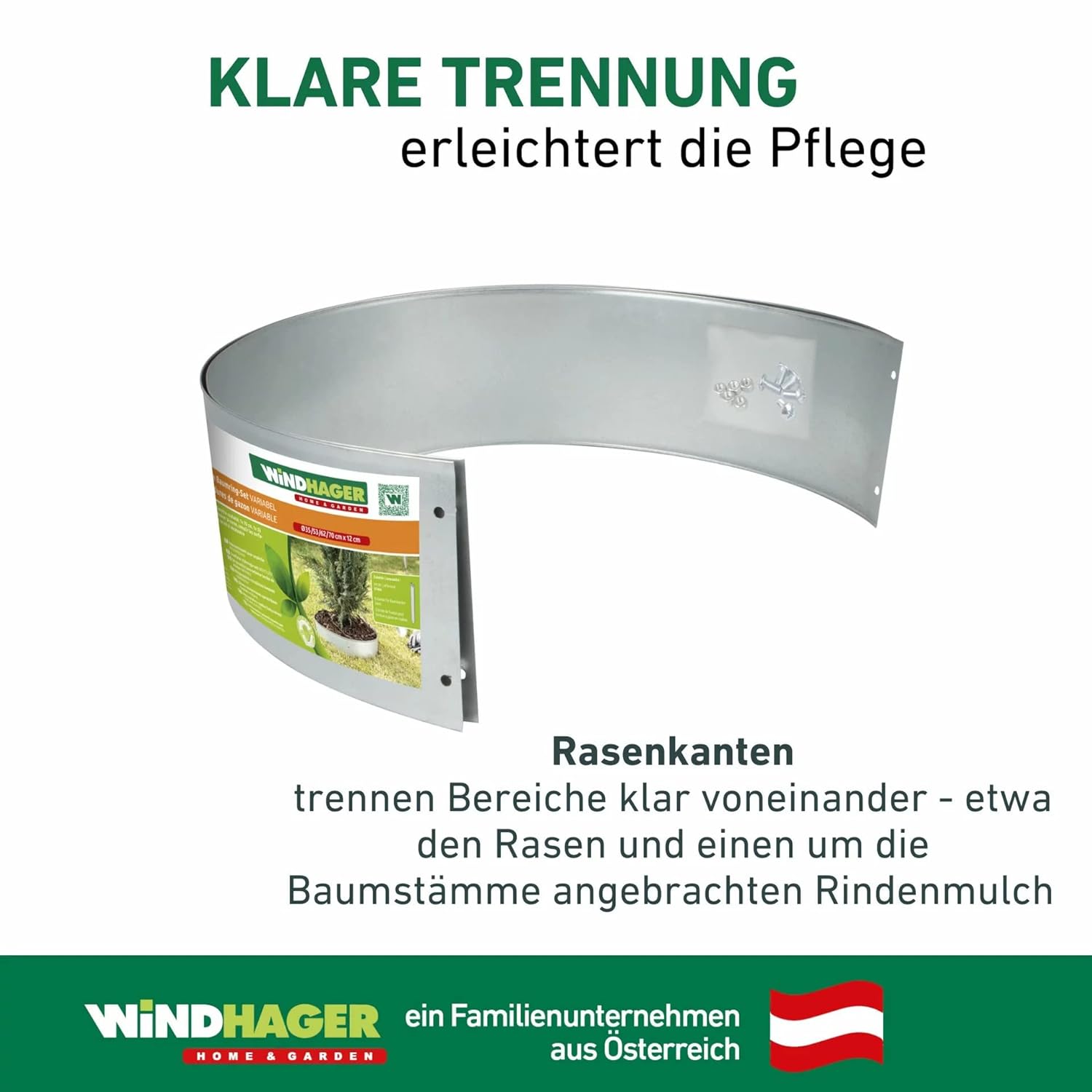 Rasenkanten Baumring-Set variabel, Raseneinfassung, Beeteinfassung, Beetbegrenzung, Mähkante, Rasen-Abgrenzung, DREI Größen formbar: Ø 35/53/70 cm, verzinkt
