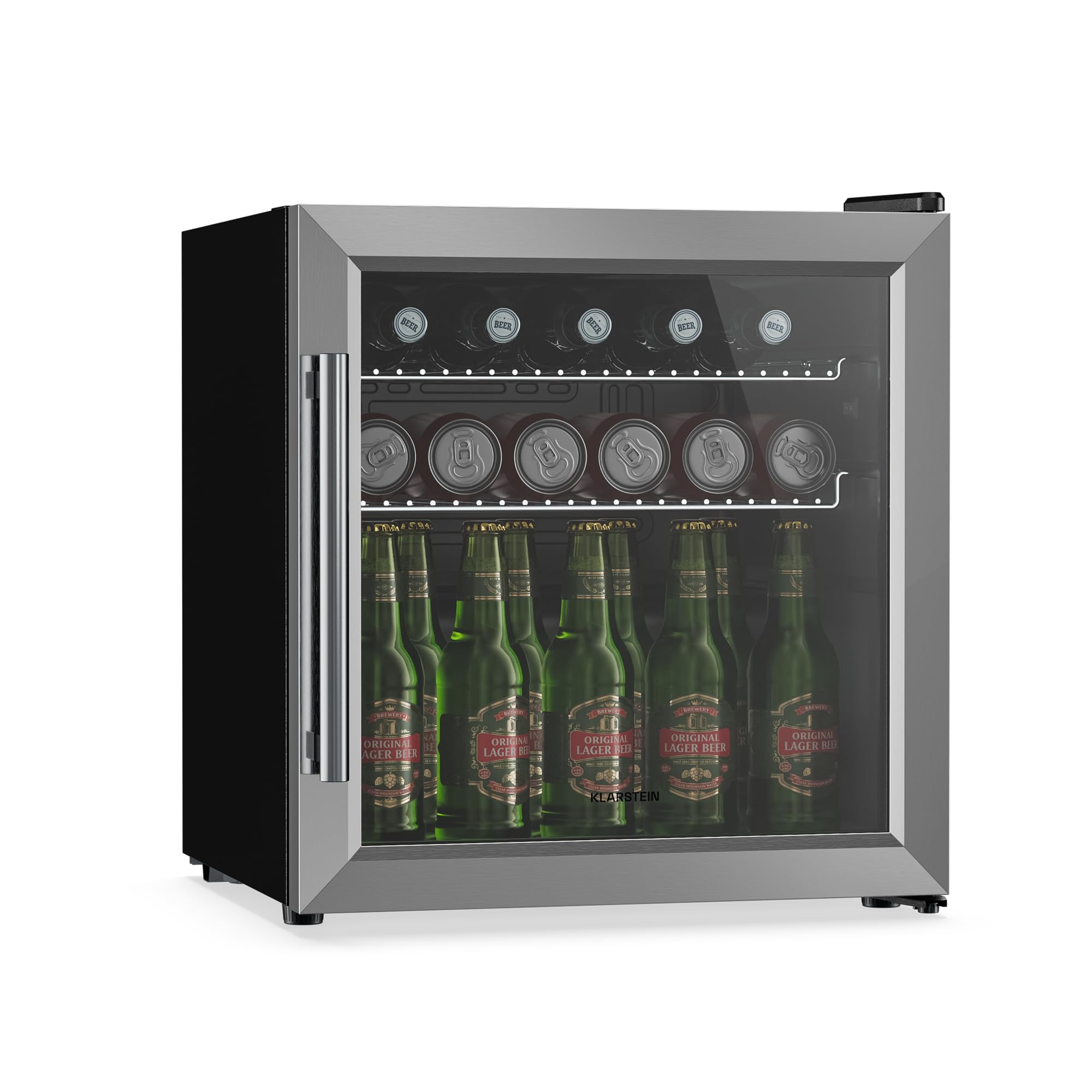 Getränkekühlschrank 33 L – Mini Kühlschrank mit Glastür, Silber-Schwarz | LED-Beleuchtung, herausnehmbare Metallablagen, leise, Flaschenkühlschrank für Getränke & Dosen