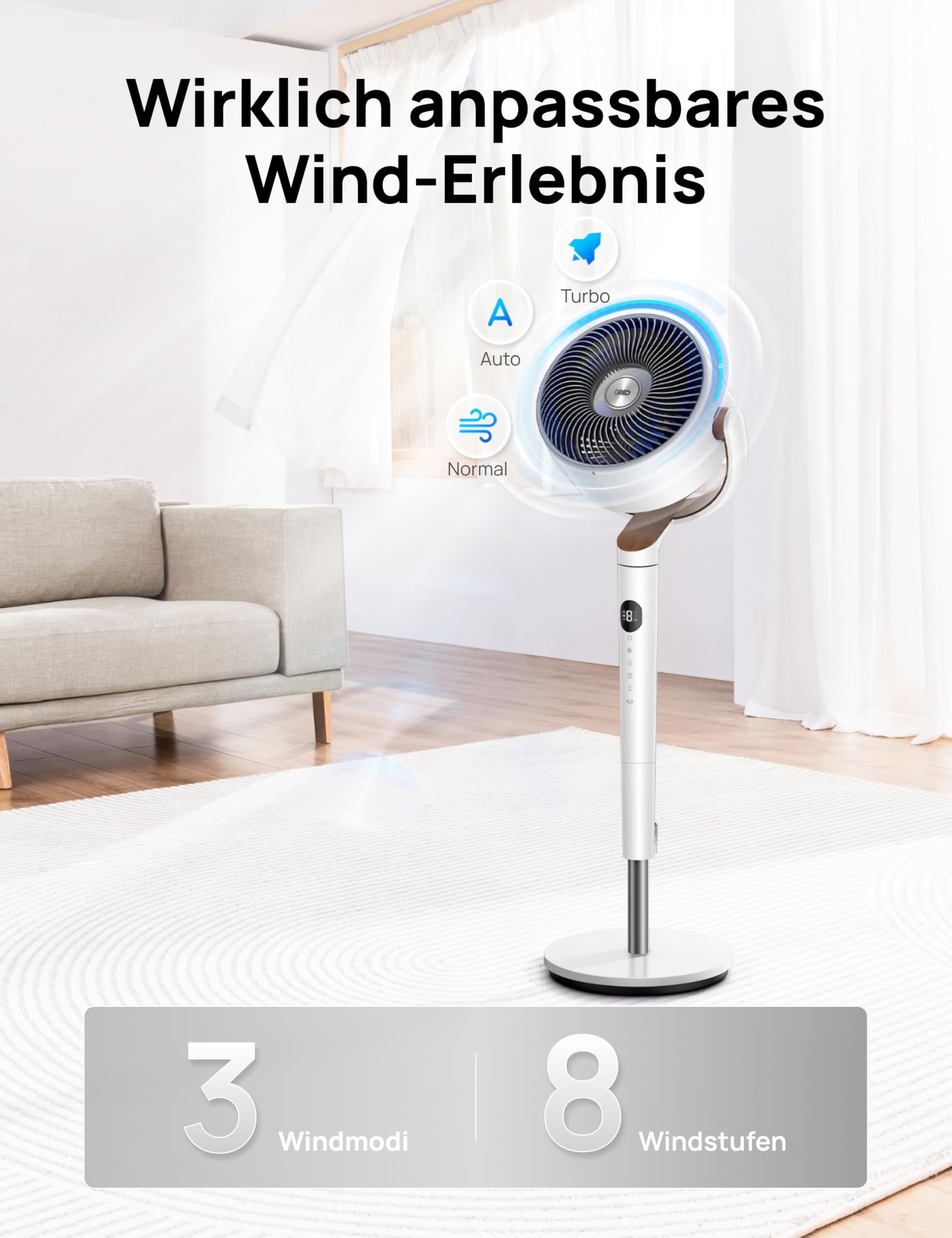 Starker Standventilator Smart mit RGB Light, 120° +120° Oszillierender Ventilator mit Fernbedienung, 20dB Leiser Bodenventilator / Turmventilator für Schlafzimmer, 8H Timer, Silber