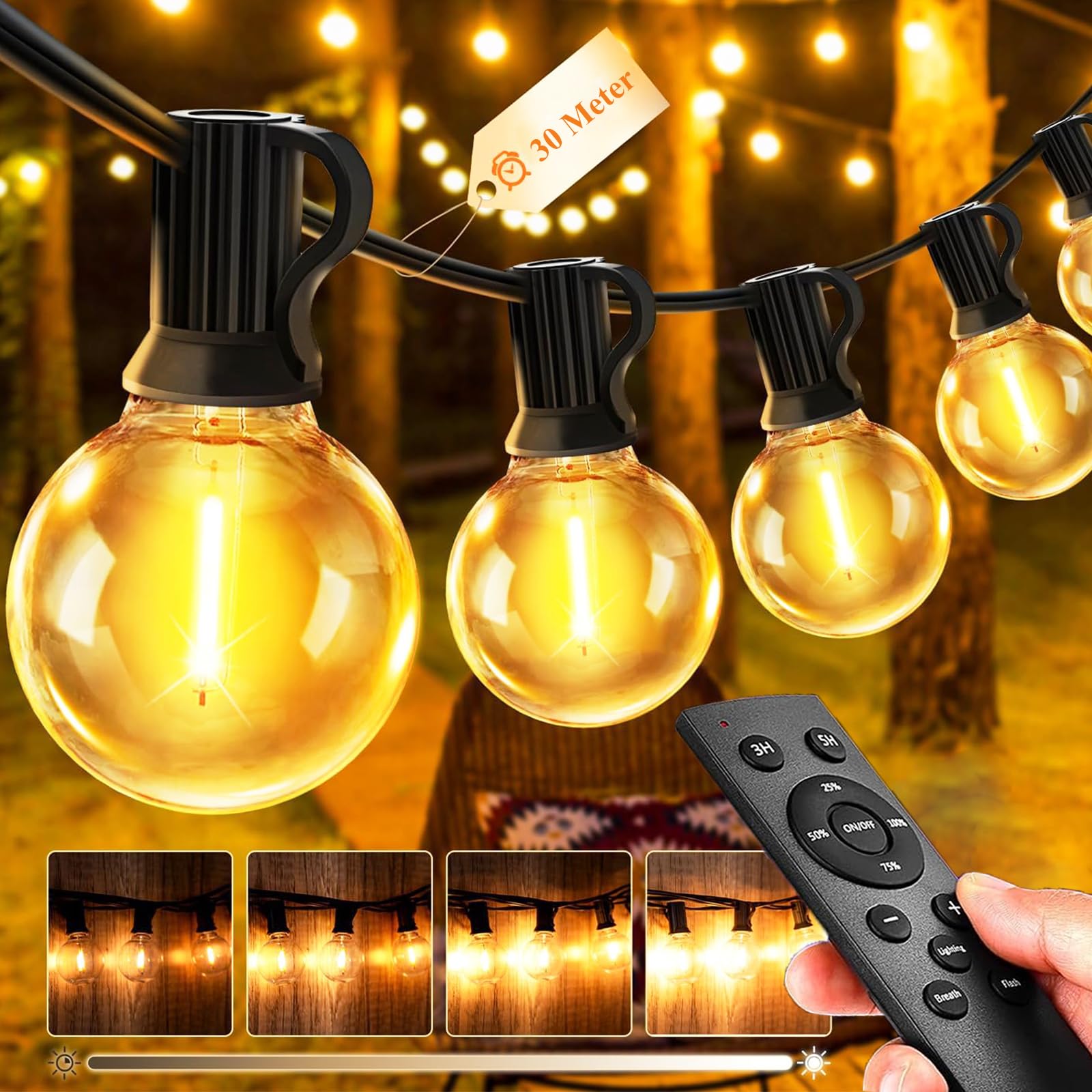Lichterkette Außen Outdoor LED Strom - Aussen Beleuchtung Garten Balkon - Lichterketten Glühbirnen Pavillon Terrasse Party Draußen String Lights - Wetterfest Dimmbar Fernbedienung Partybeleuchtung