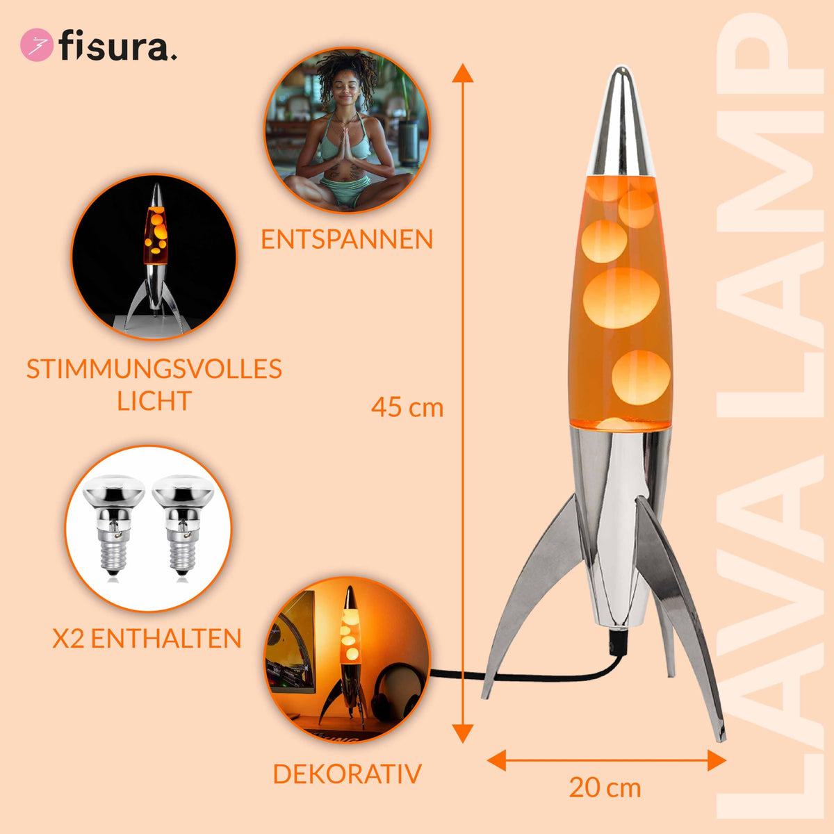 Lavalampe "Rocket" - Retro-Lavalampe mit Ersatzbirne, ideal für Wohnzimmer, Schlafzimmer und Büro. Maße: 20 x 20 x 45 cm.