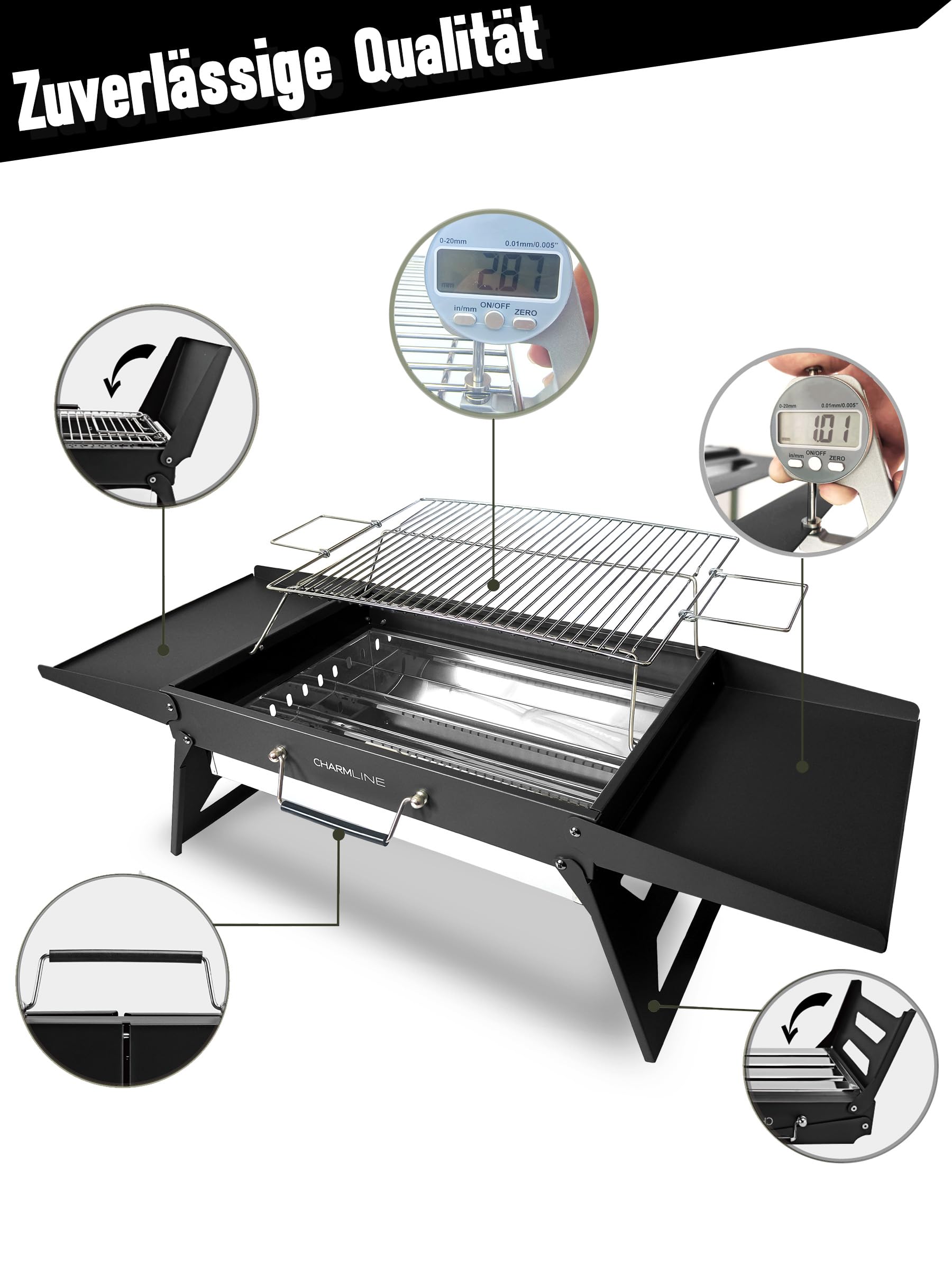Tragbarer Holzkohlegrill, Klappbarer Campinggrill 35 x 23 cm für 1–3 Personen, Mini BBQ Grill für Balkon, Garten, Camping, Picknick und Strand