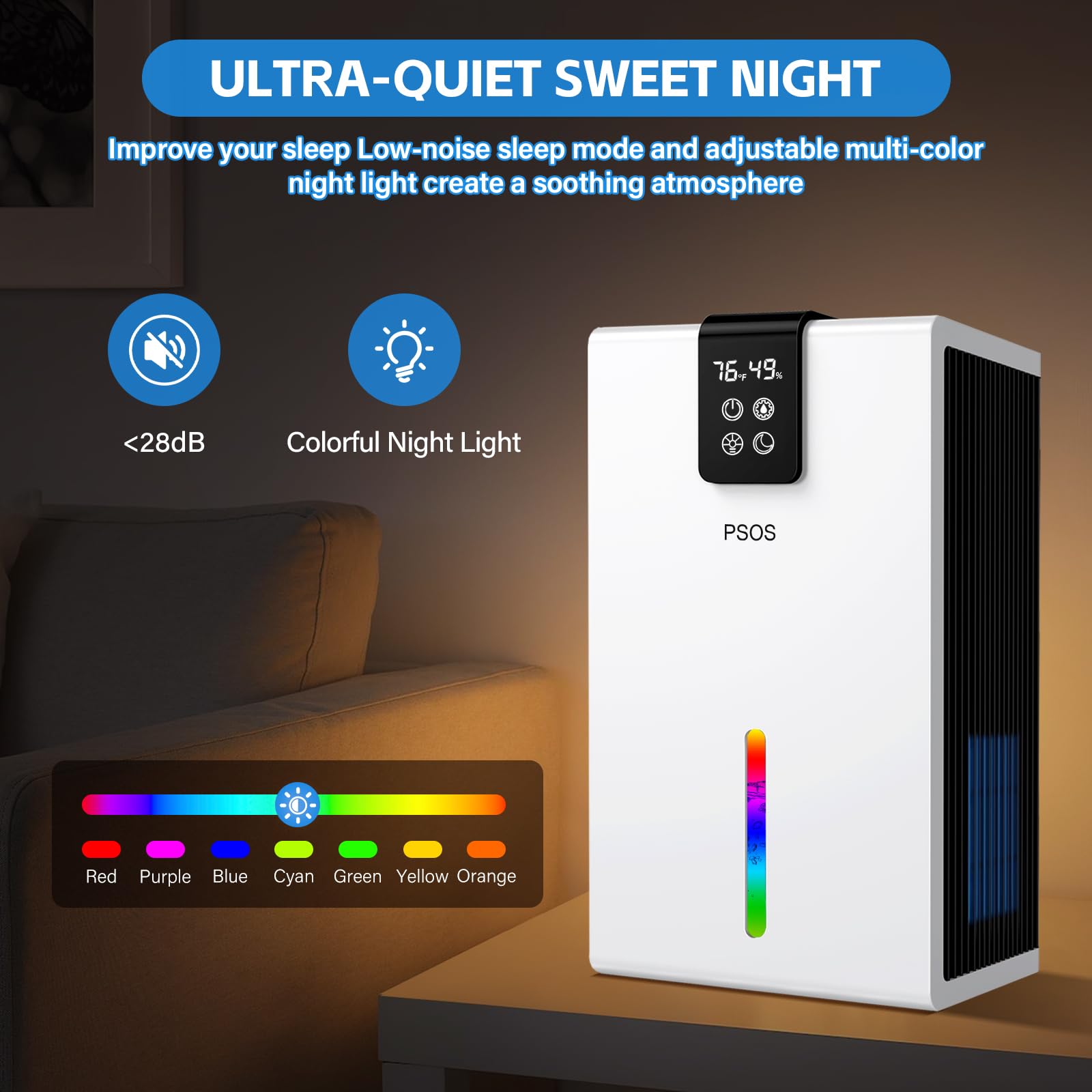 Luftentfeuchter, 2800ML Elektrischer Luftentfeuchter mit Ultra-Leise Automatischer Abschaltung, 7 Farben Licht Entfeuchter für Keller Badezimmer, Raumentfeuchter Dehumidifier für Schlafzimmer