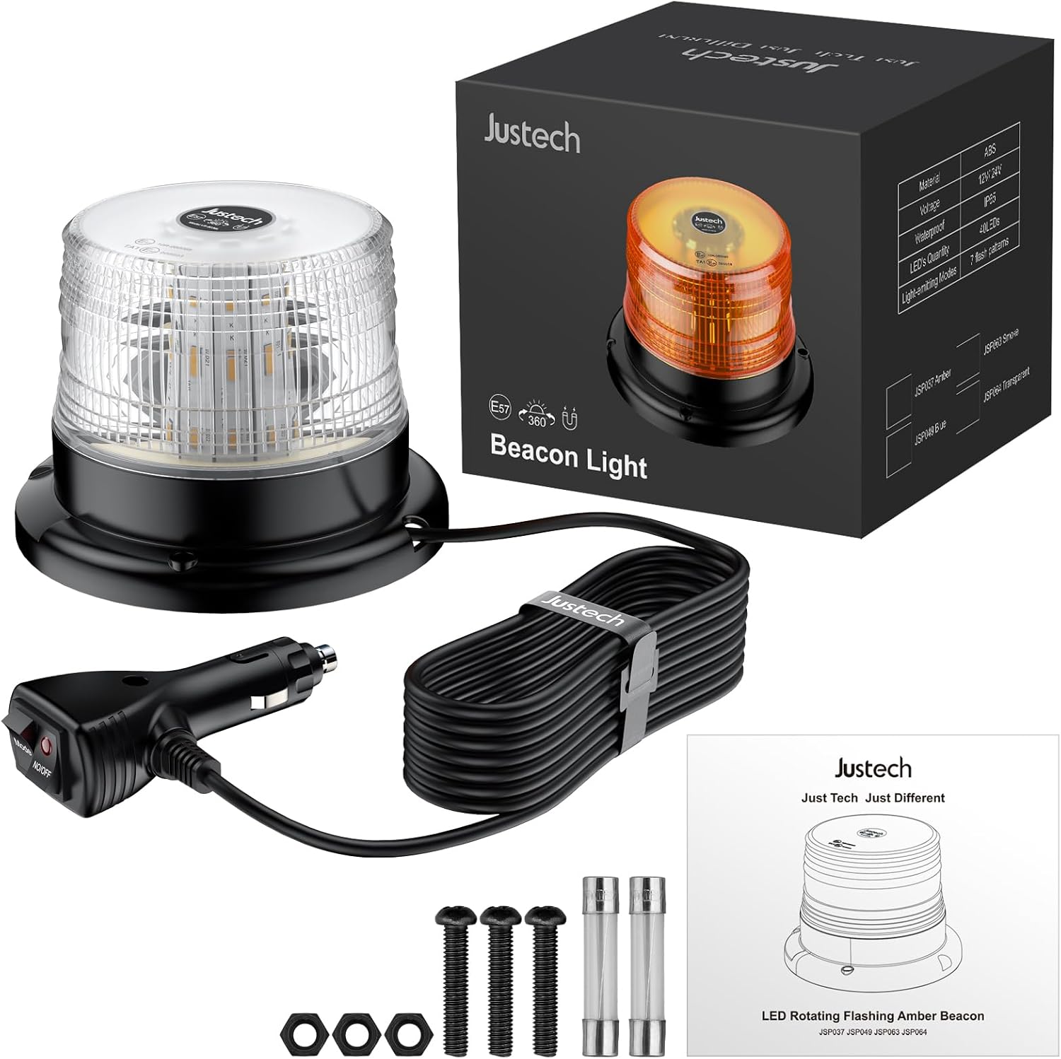 Warnleuchte Rundumleuchte 360° Gelb Blitzleuchte 7 modus mit 5m Netzkabel Doppelter Schraube 12V / 24V Warnlicht mit Magnetfuß Notfallblinklampe Magnet Transparent für Auto LKW usw